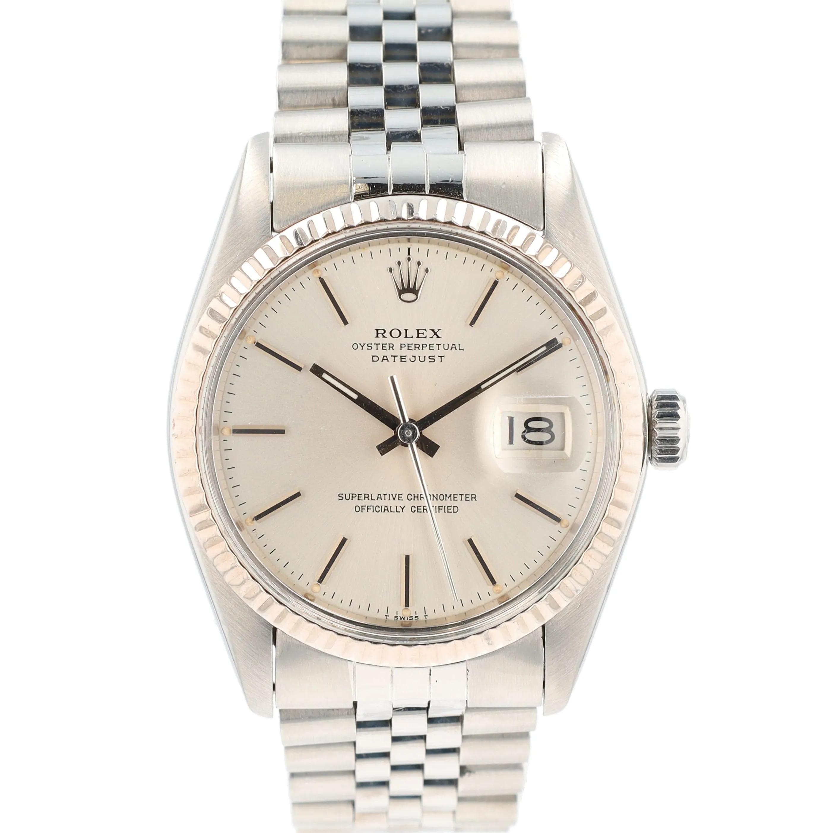 Rolex Datejust 16014 36mm Silver Index Dial Fluted Bezel Jubilee Band
