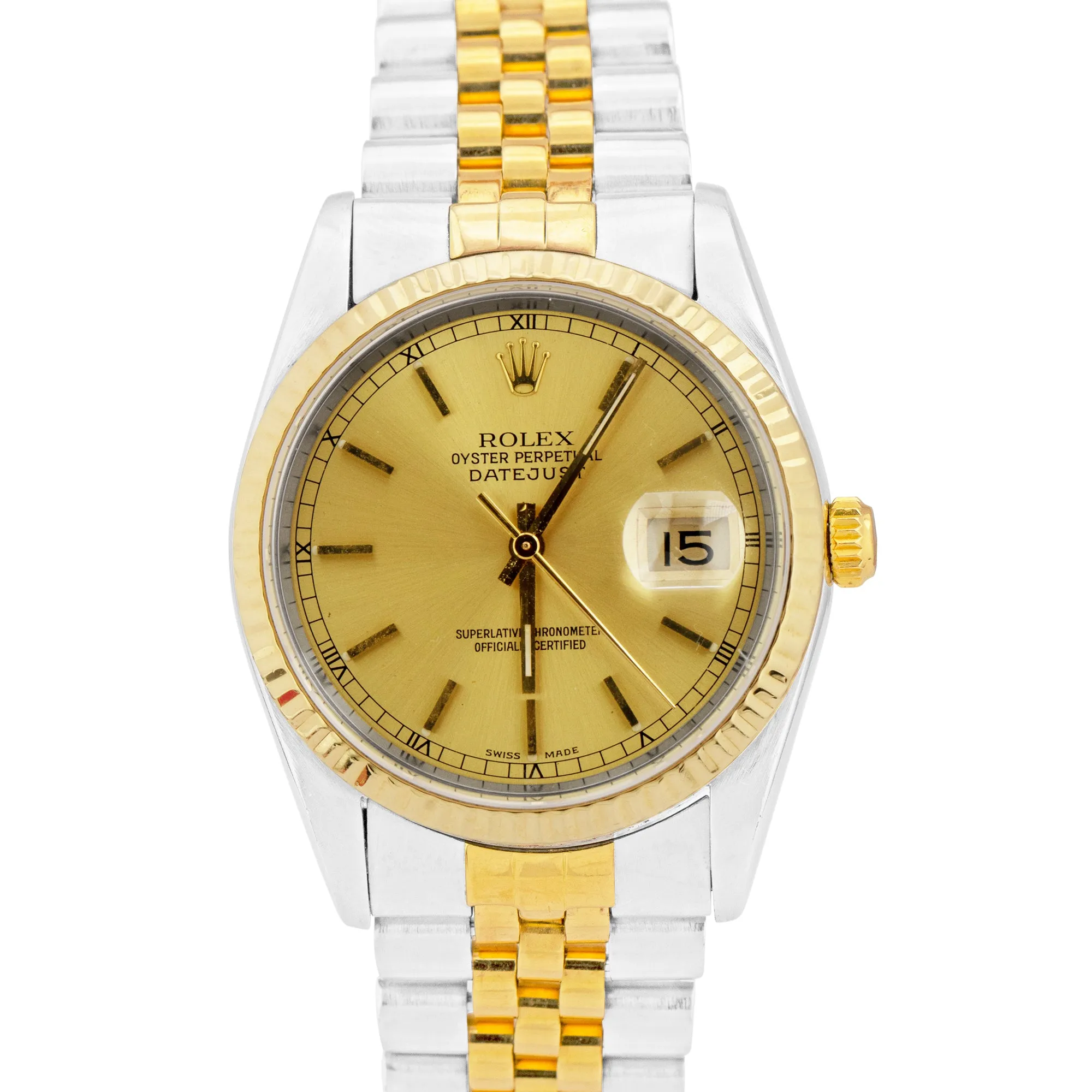 Rolex DateJust 36mm 18K Yellow Gold Stainless Champagne Jubilee Watch 16233