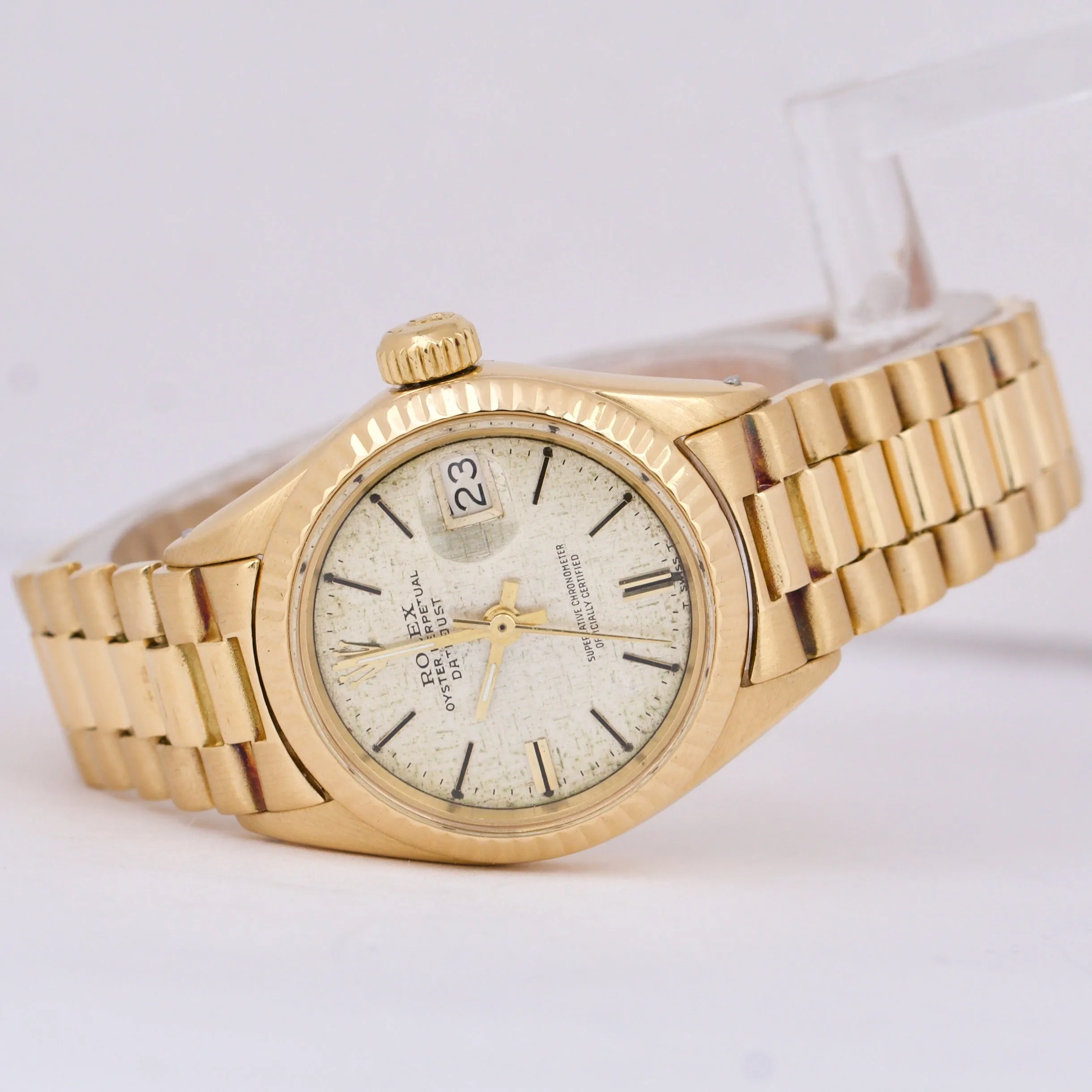 Rolex DateJust President 26mm SILVER LINEN 18K Yellow Gold Fluted Watch 6917