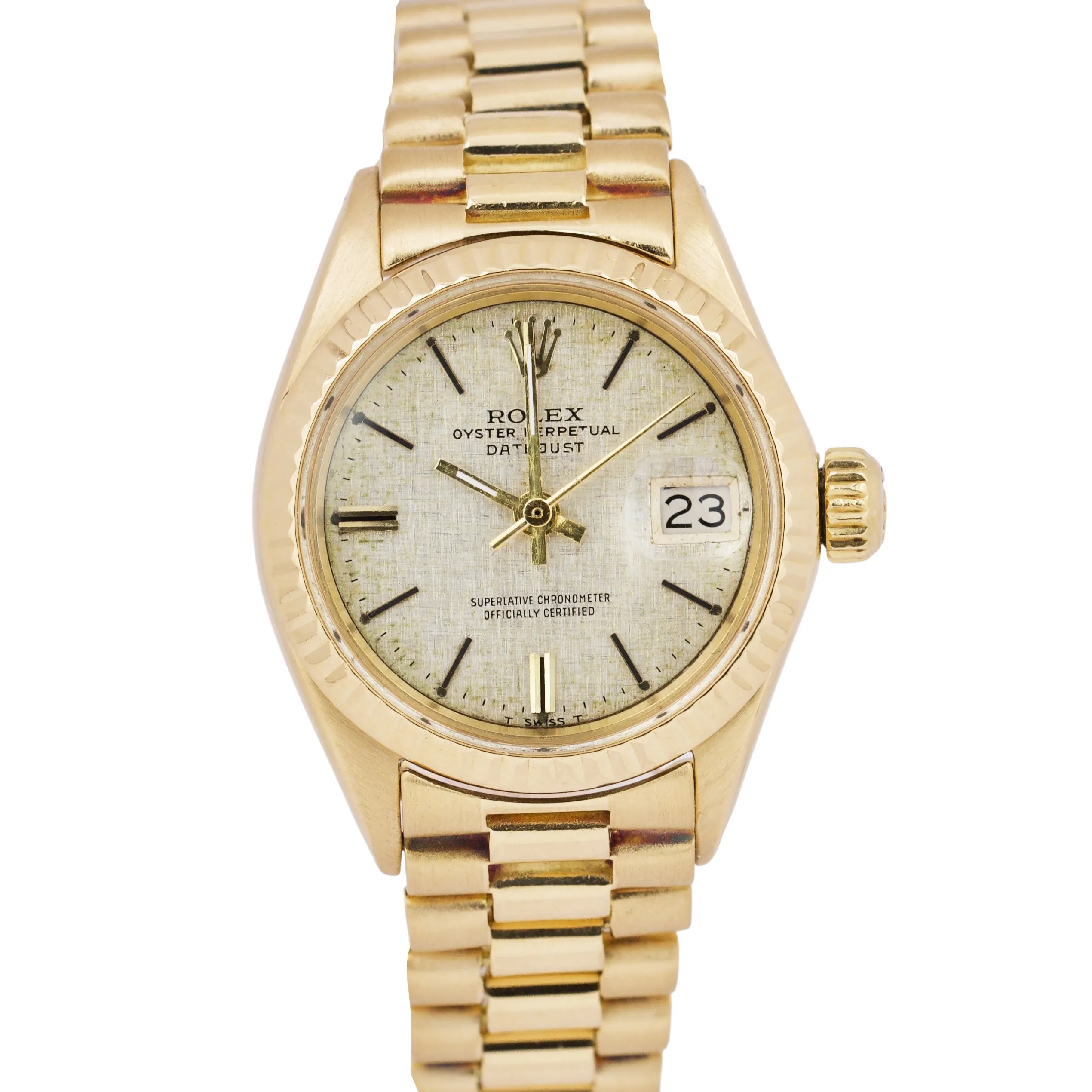 Rolex DateJust President 26mm SILVER LINEN 18K Yellow Gold Fluted Watch 6917