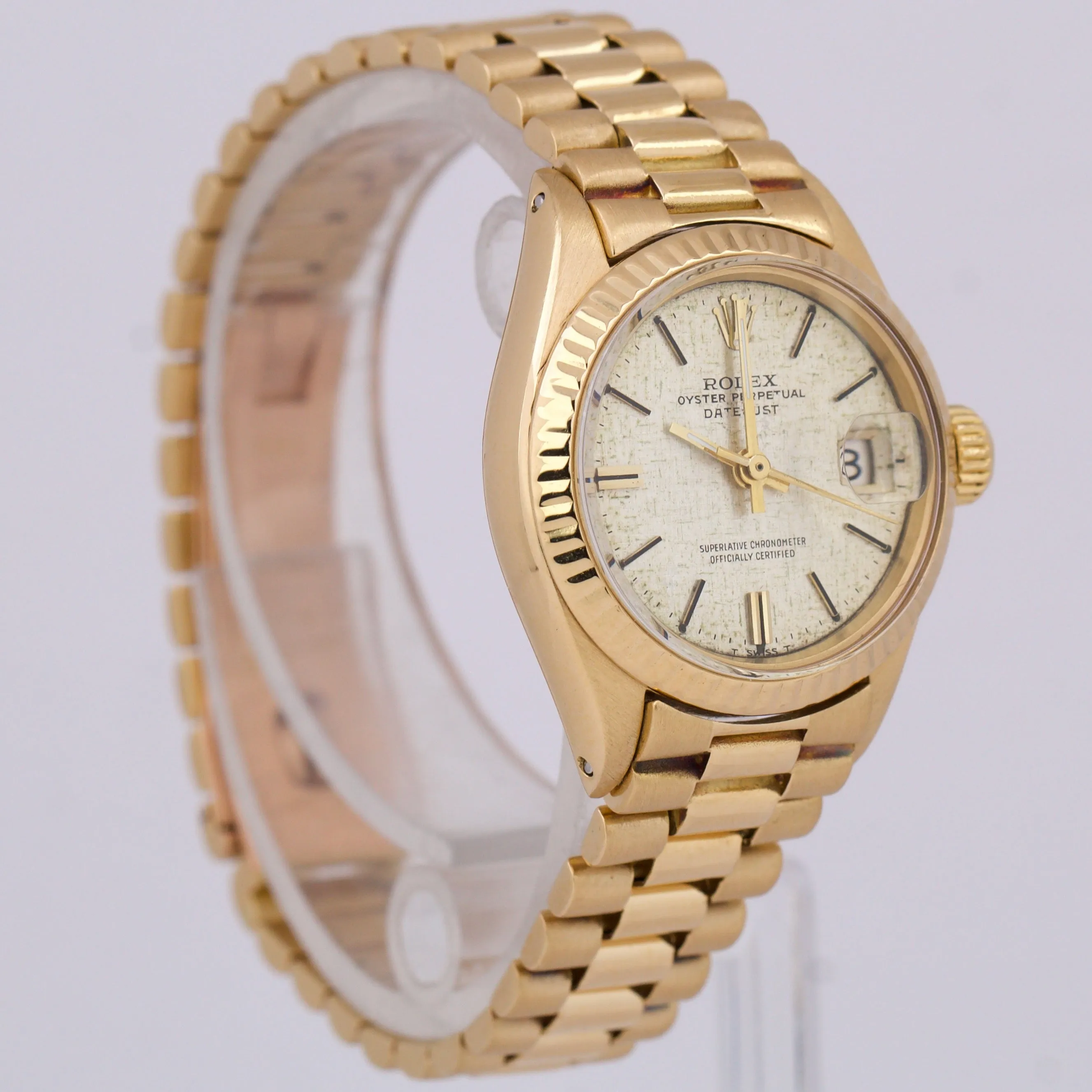 Rolex DateJust President 26mm SILVER LINEN 18K Yellow Gold Fluted Watch 6917