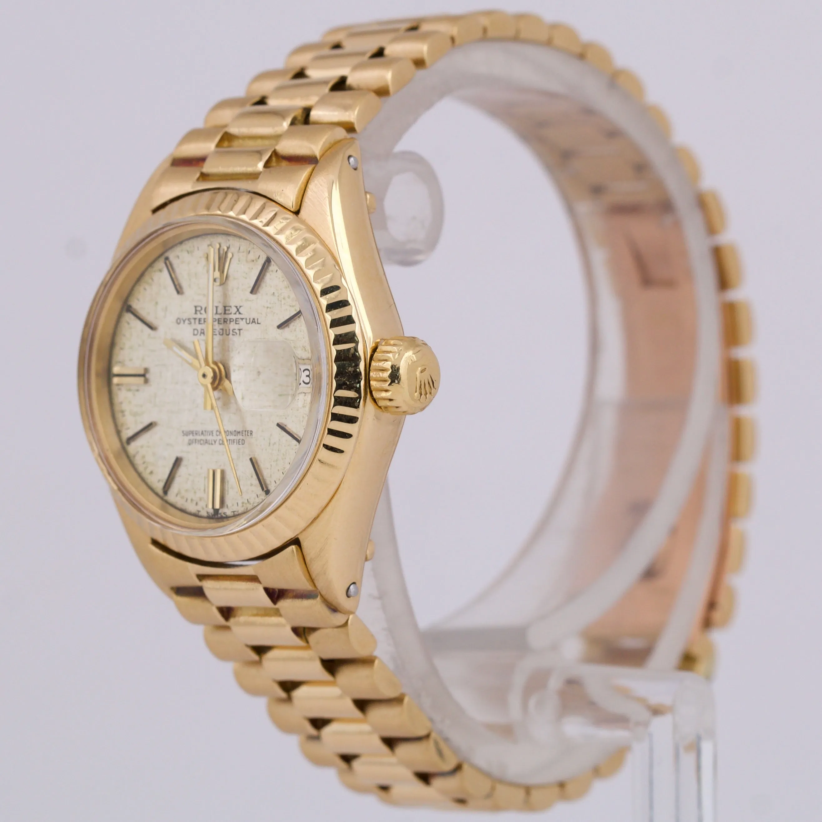 Rolex DateJust President 26mm SILVER LINEN 18K Yellow Gold Fluted Watch 6917