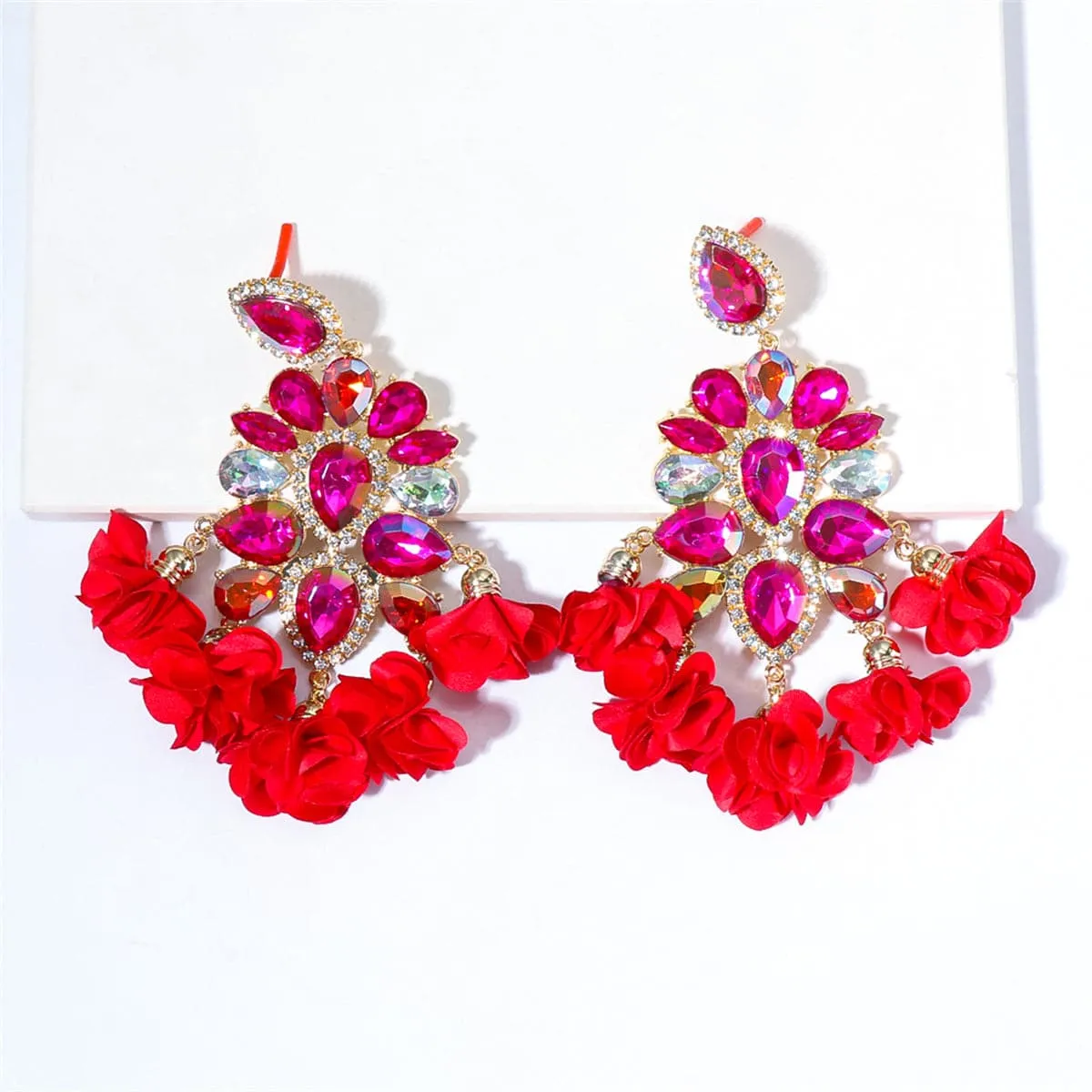 Rose Crystal & Cubic Zirconia Flower Tassel Drop Earrings