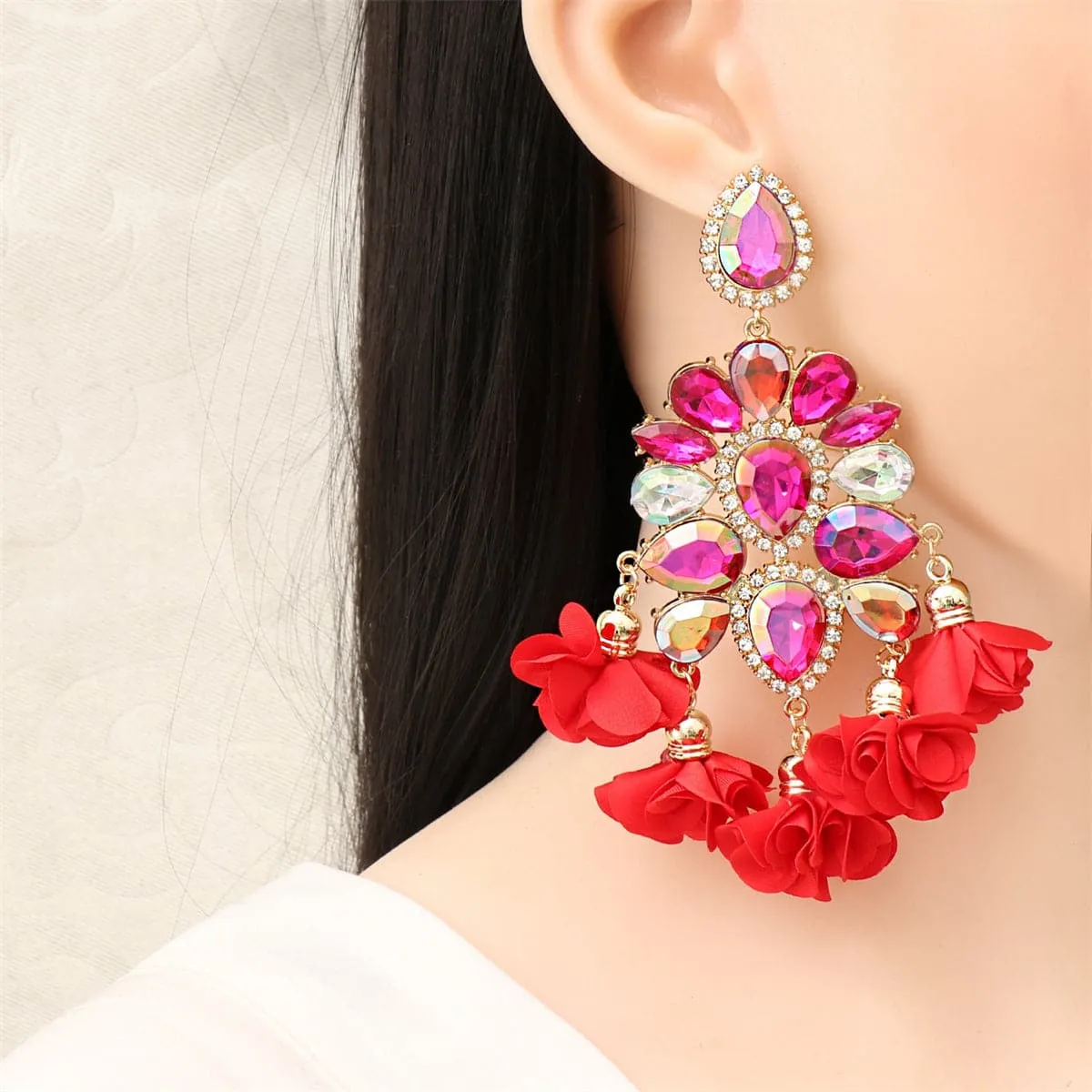 Rose Crystal & Cubic Zirconia Flower Tassel Drop Earrings
