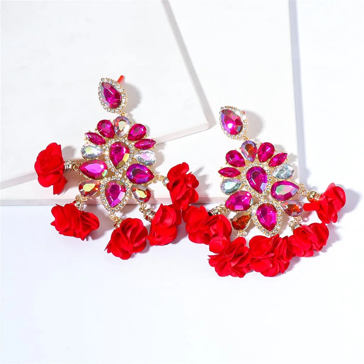 Rose Crystal & Cubic Zirconia Flower Tassel Drop Earrings