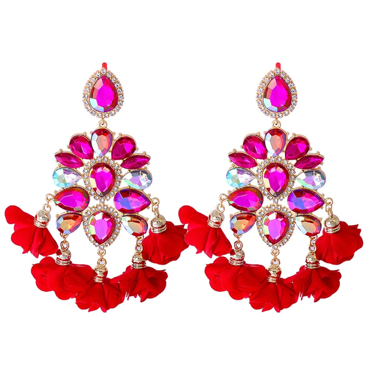 Rose Crystal & Cubic Zirconia Flower Tassel Drop Earrings
