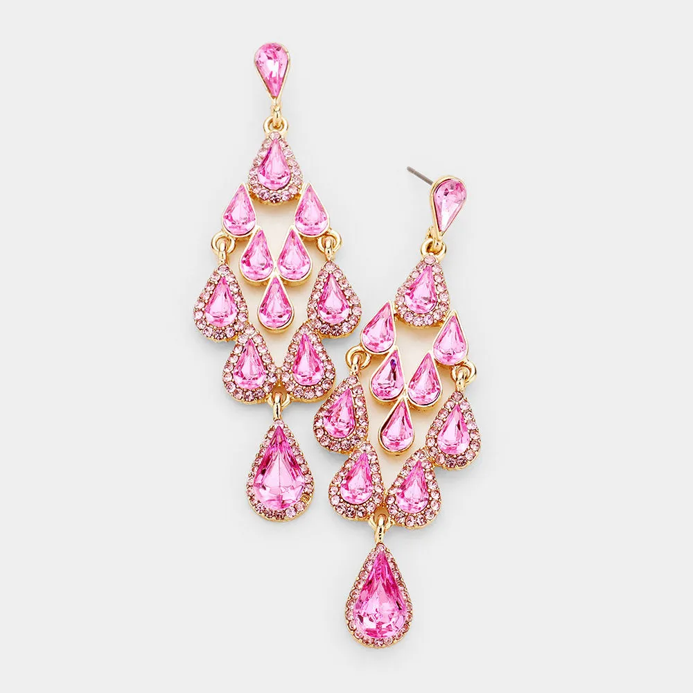 Rose Crystal Chandelier Earrings Made of Teardrops on Gold | Prom Earrings| Pageant Earrings |442576