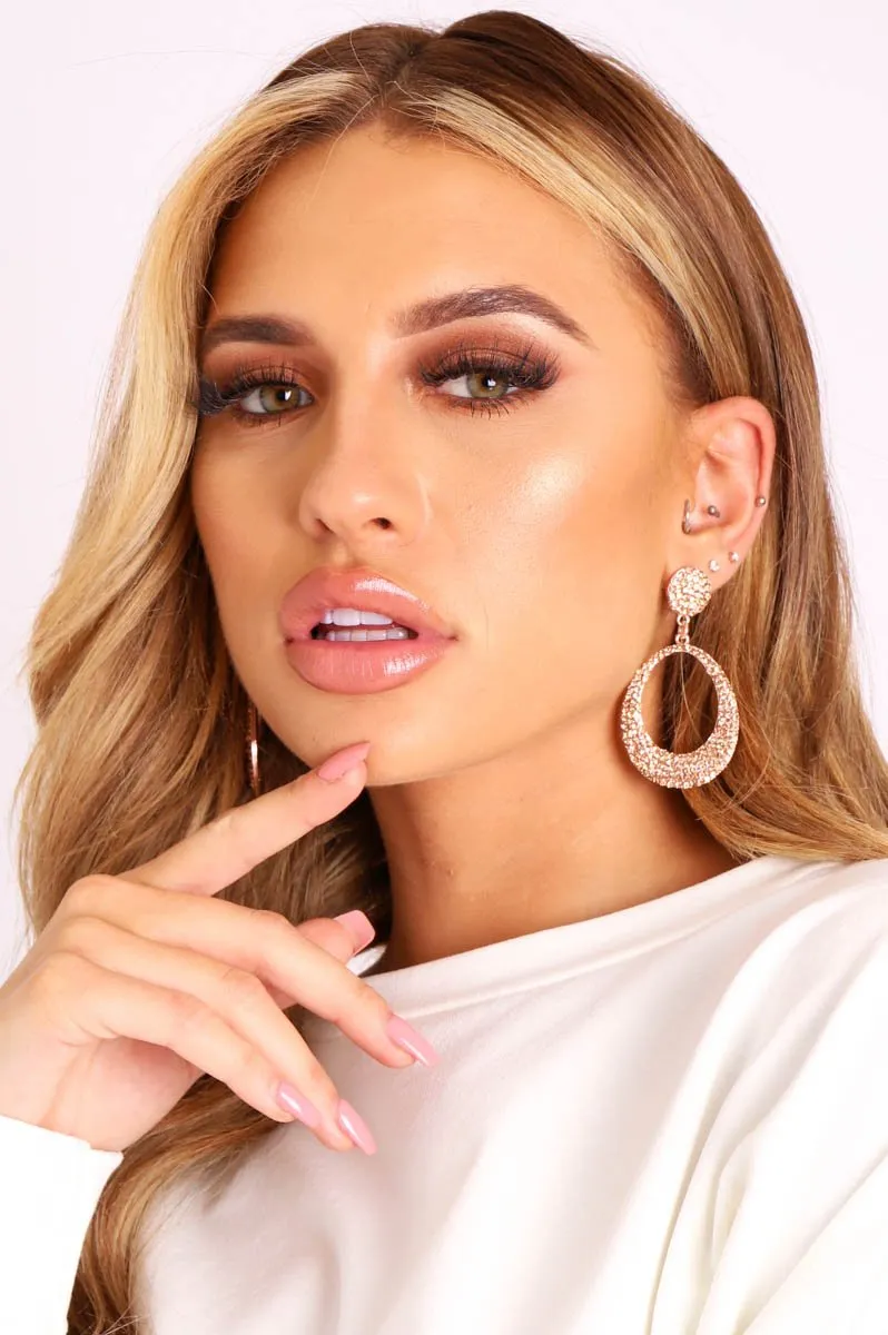 Rose Gold Diamante Drop Hoop Earrings - Vikki