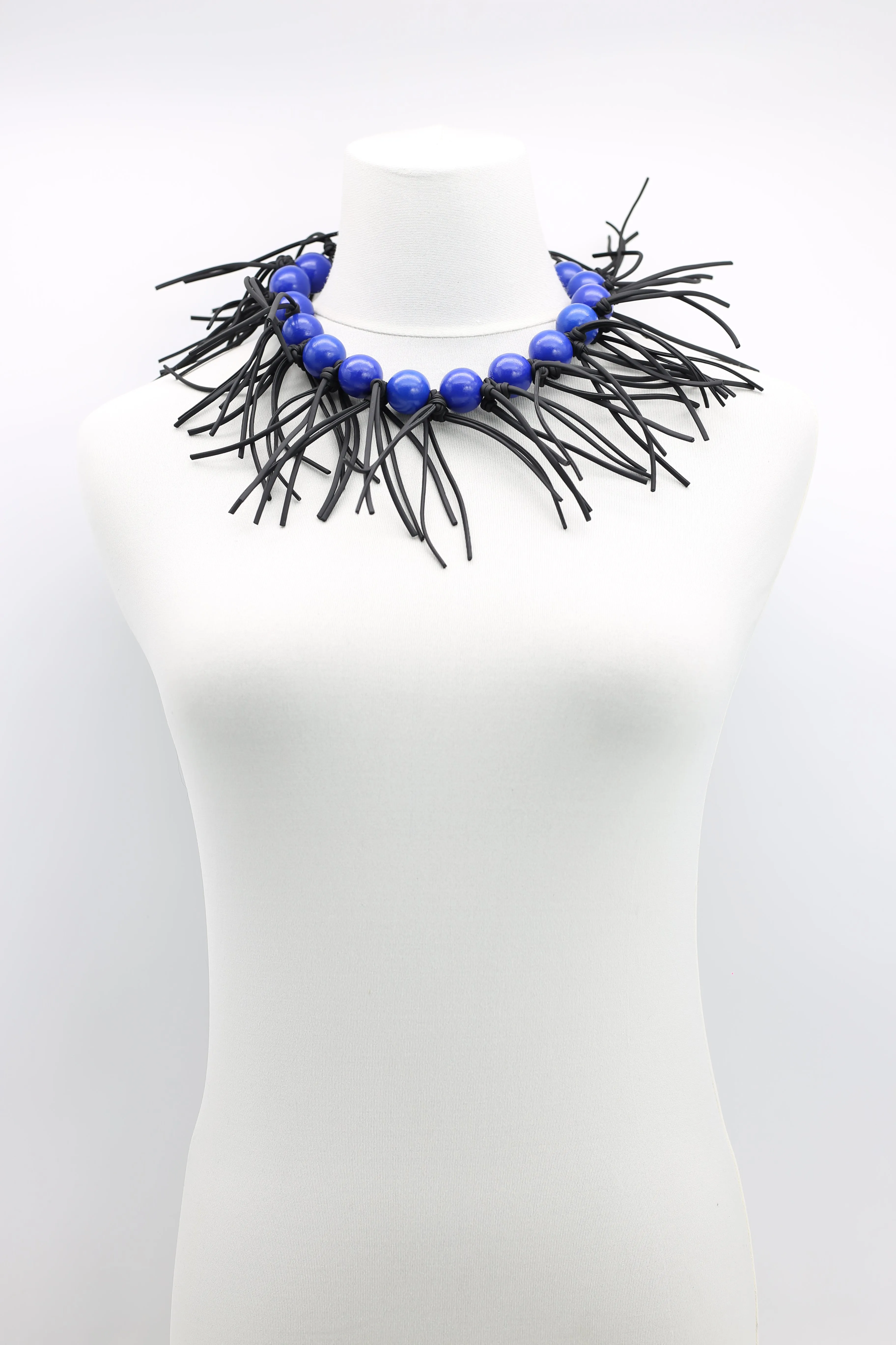 Round Beads & Leatherette Fringe Collar Necklaces