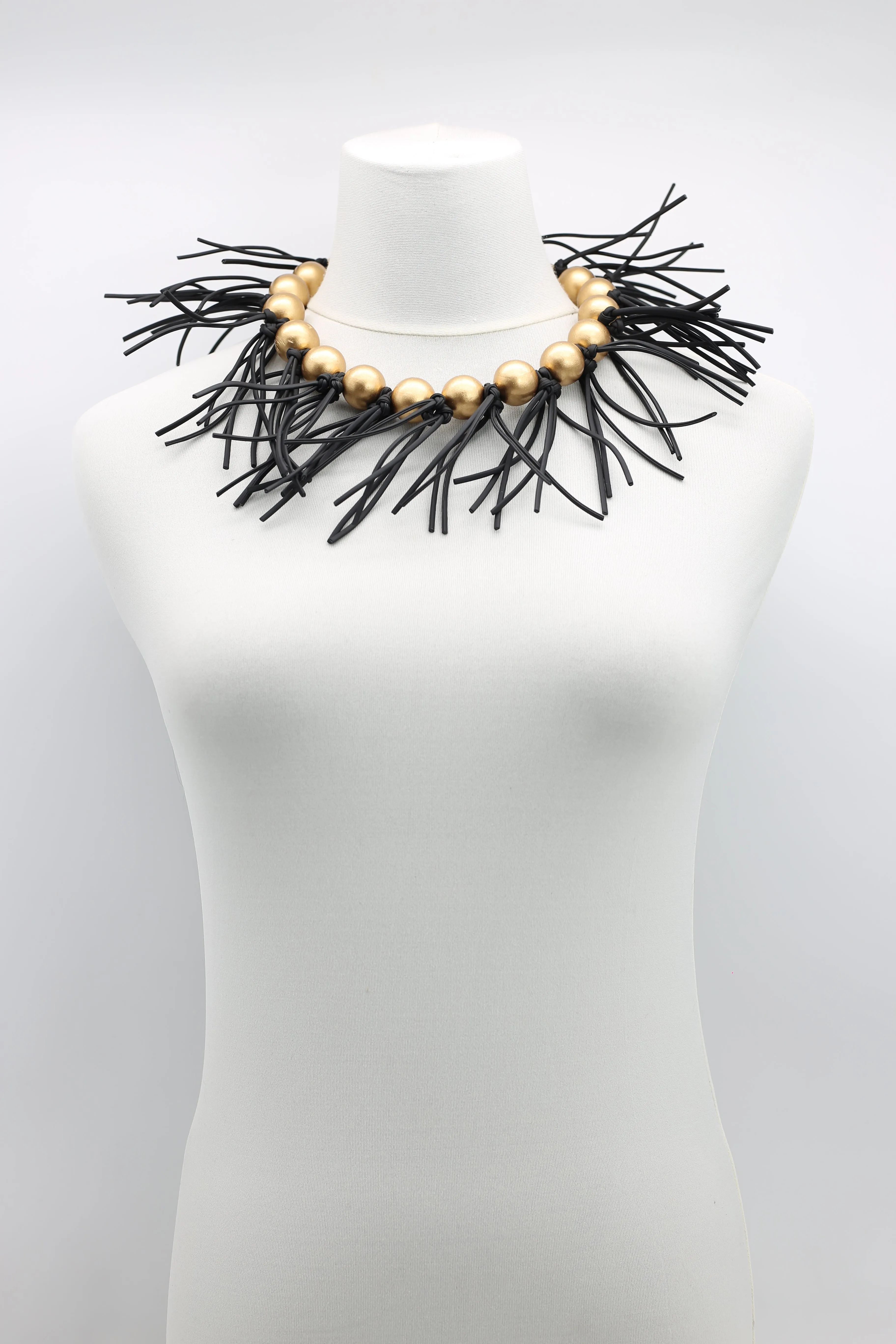 Round Beads & Leatherette Fringe Collar Necklaces
