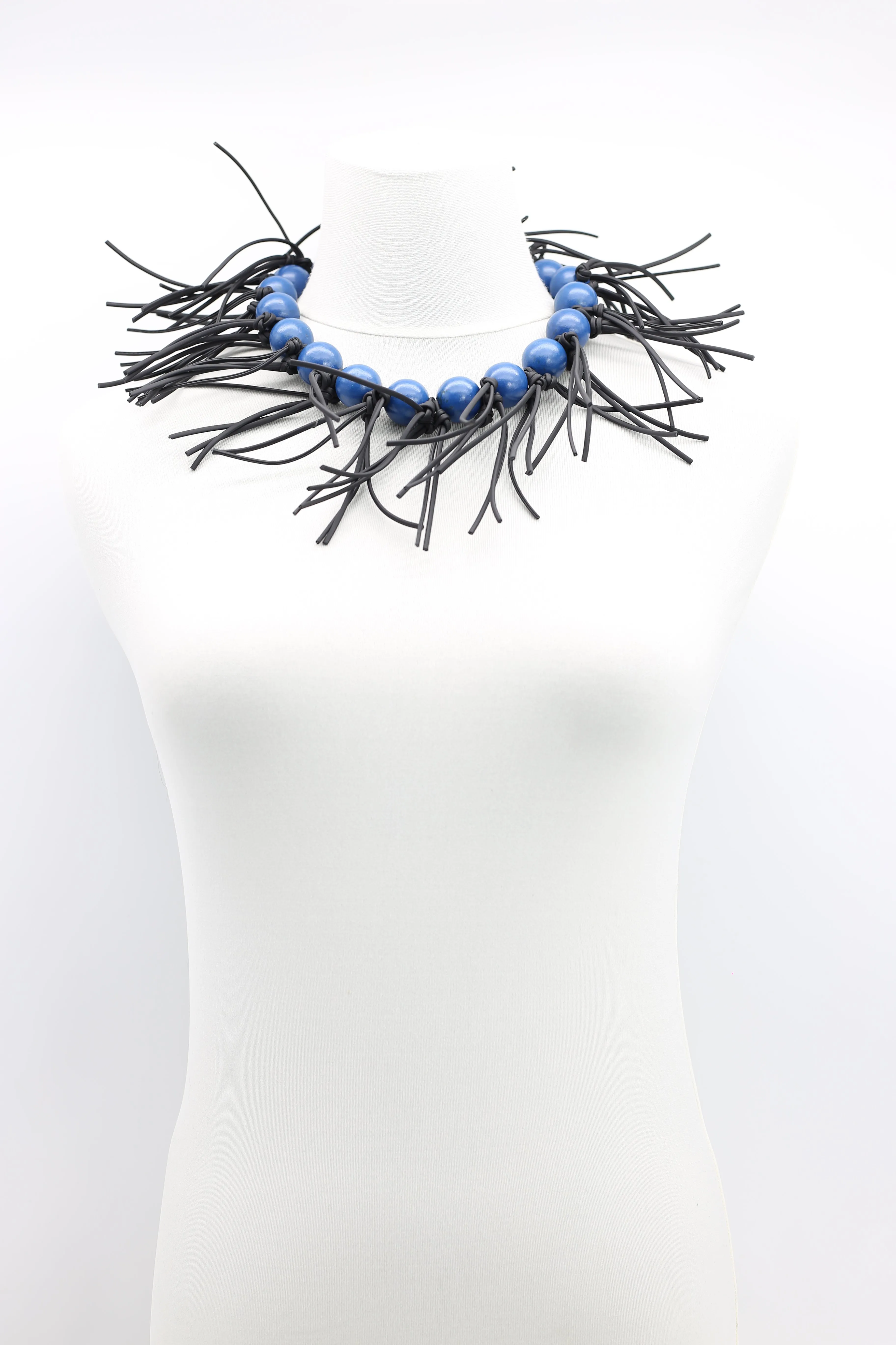 Round Beads & Leatherette Fringe Collar Necklaces