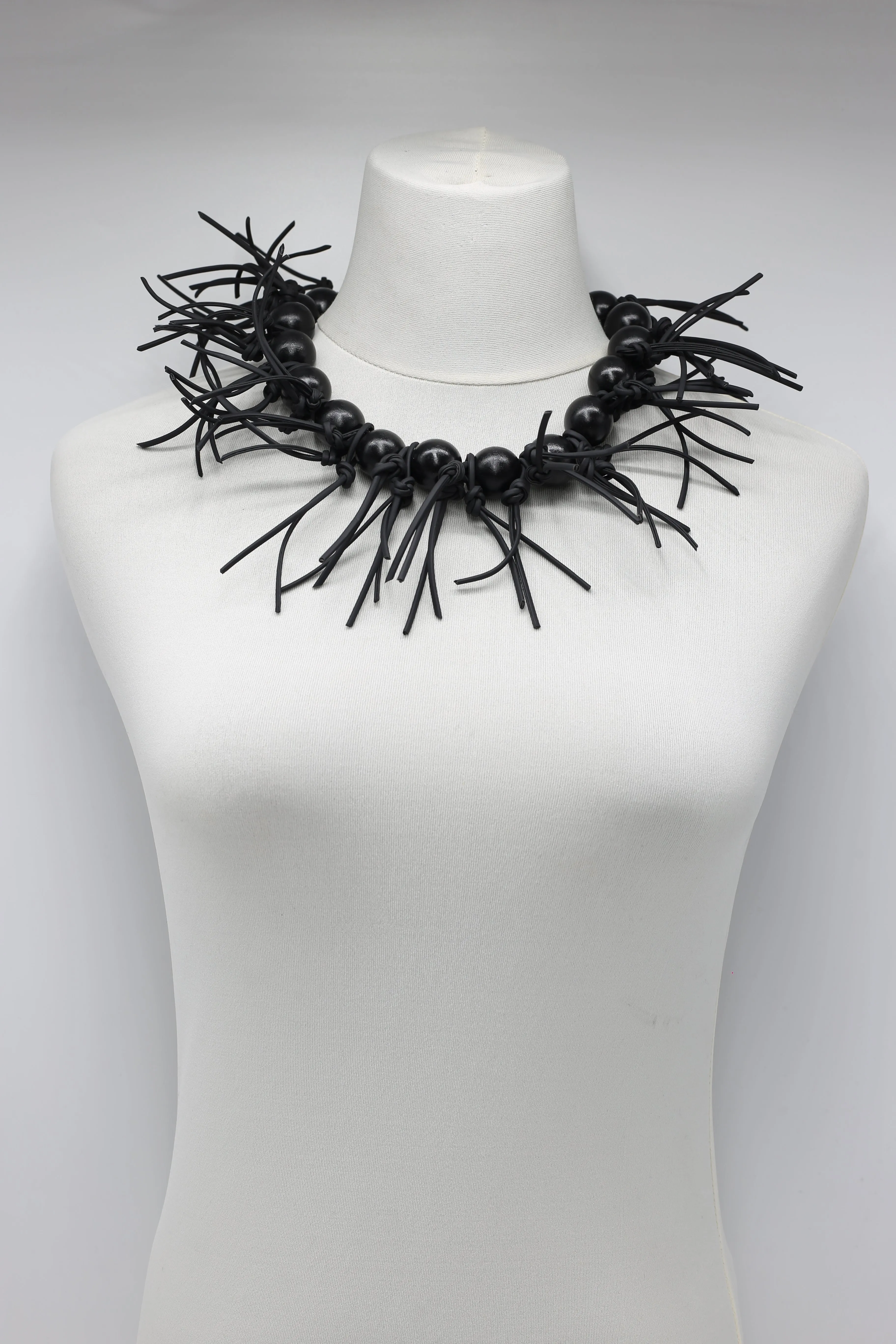Round Beads & Leatherette Fringe Collar Necklaces
