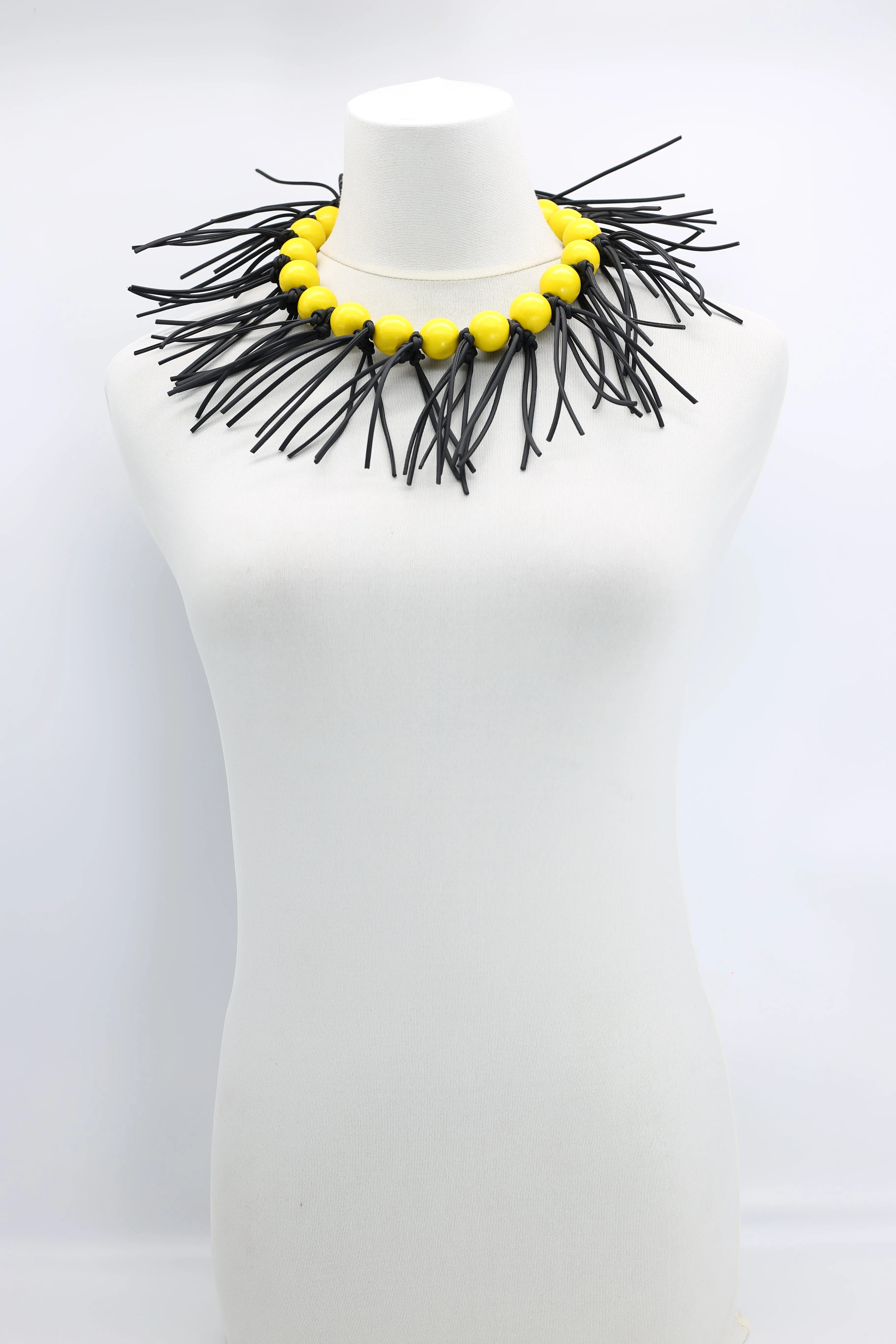 Round Beads & Leatherette Fringe Collar Necklaces