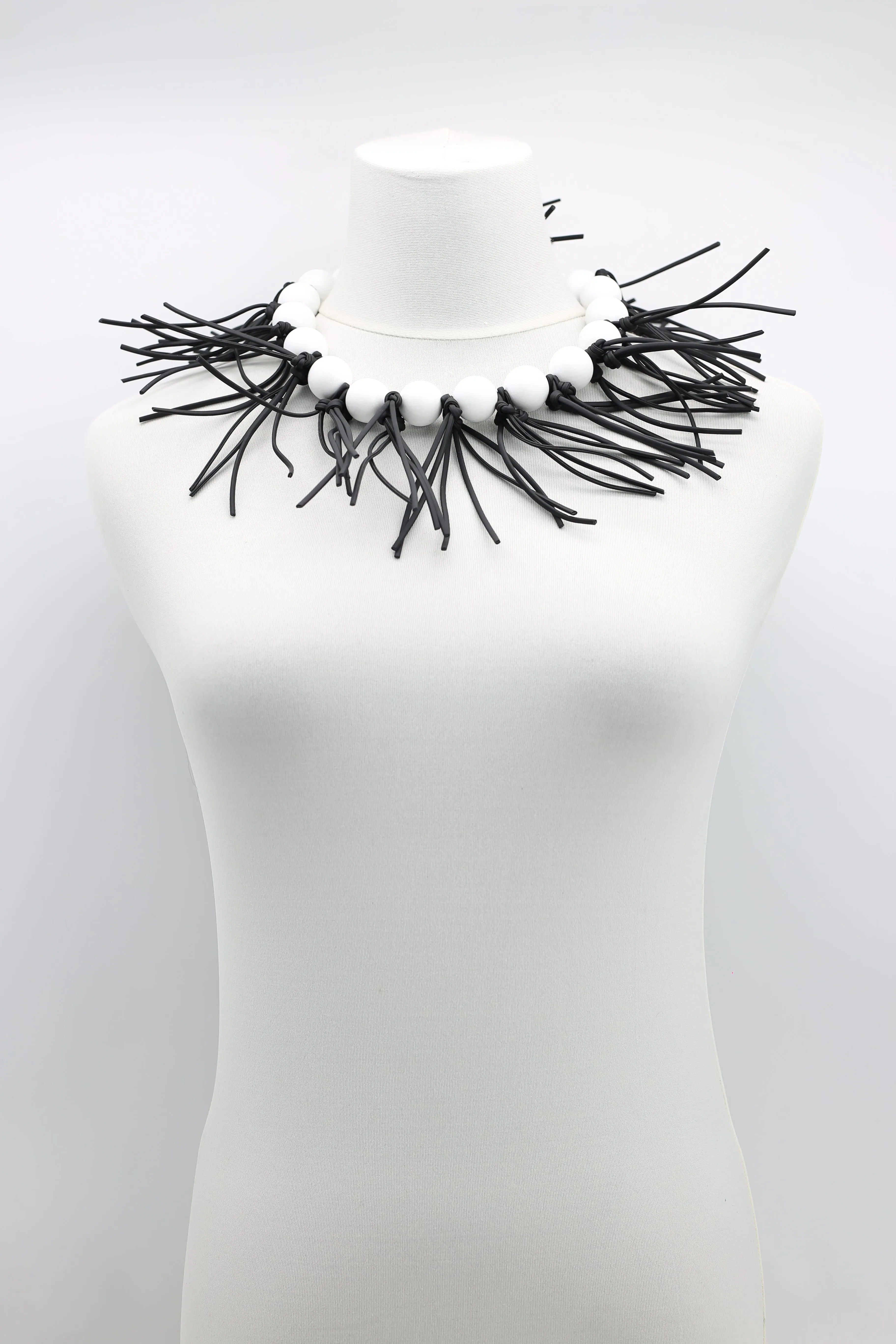 Round Beads & Leatherette Fringe Collar Necklaces