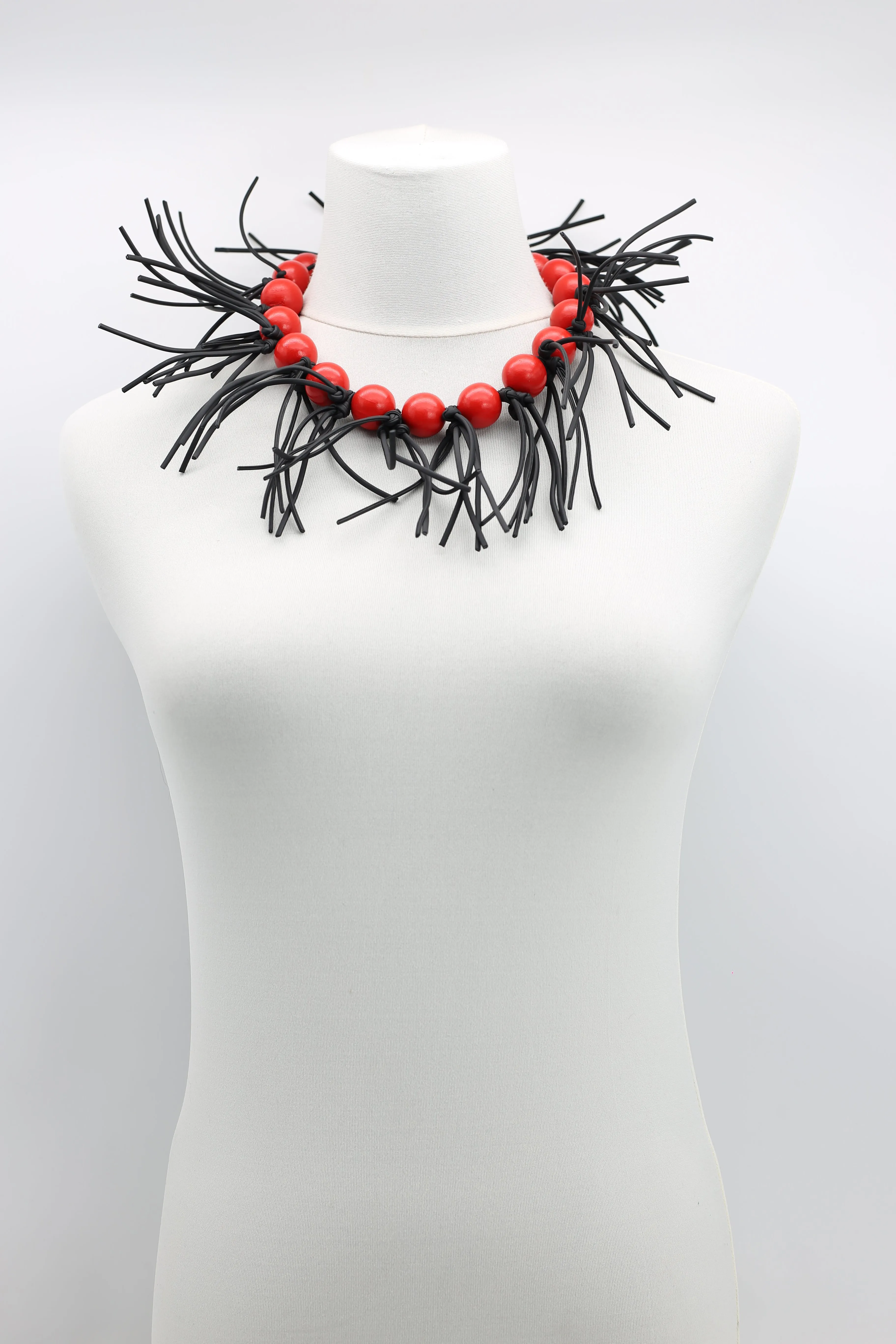 Round Beads & Leatherette Fringe Collar Necklaces
