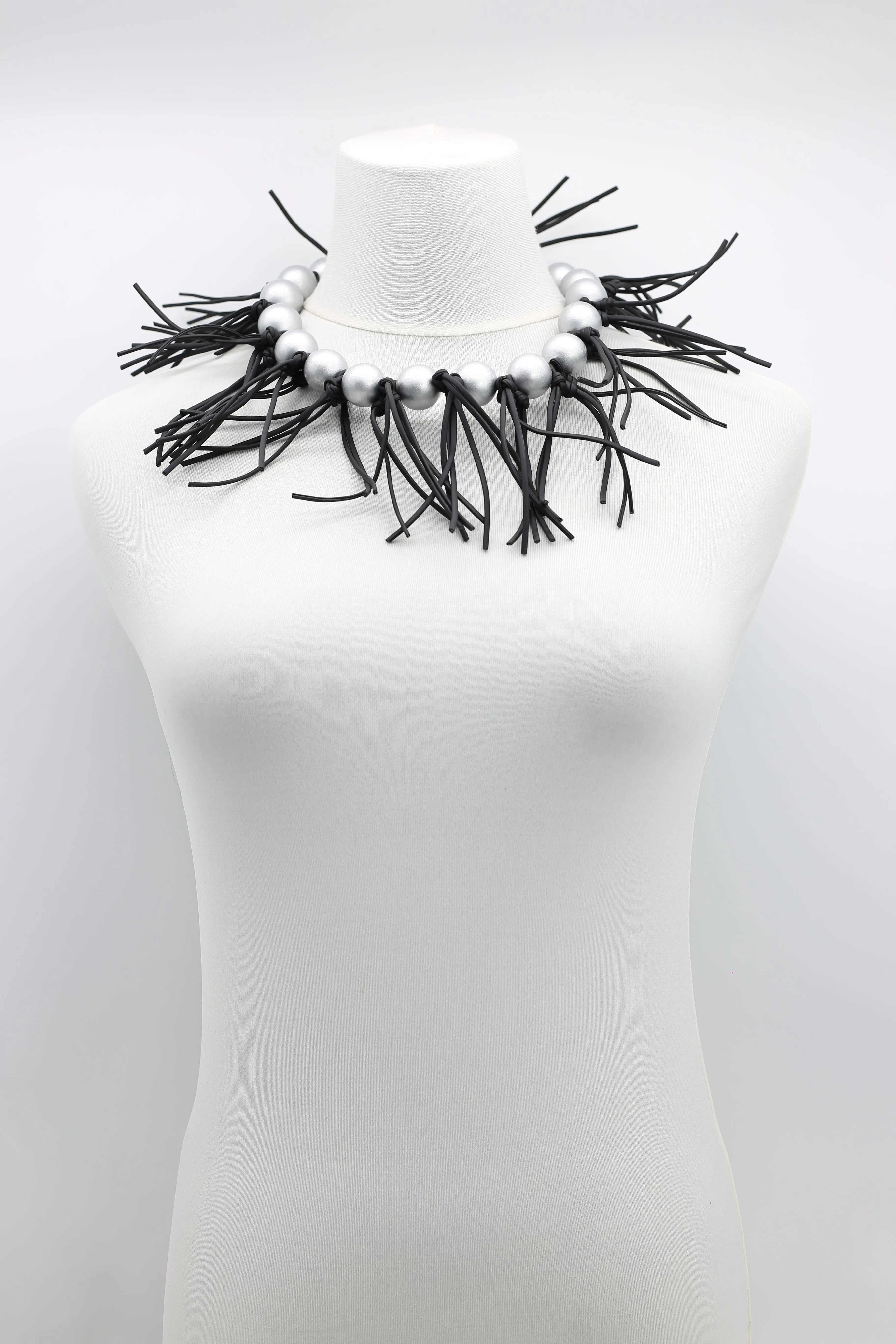 Round Beads & Leatherette Fringe Collar Necklaces