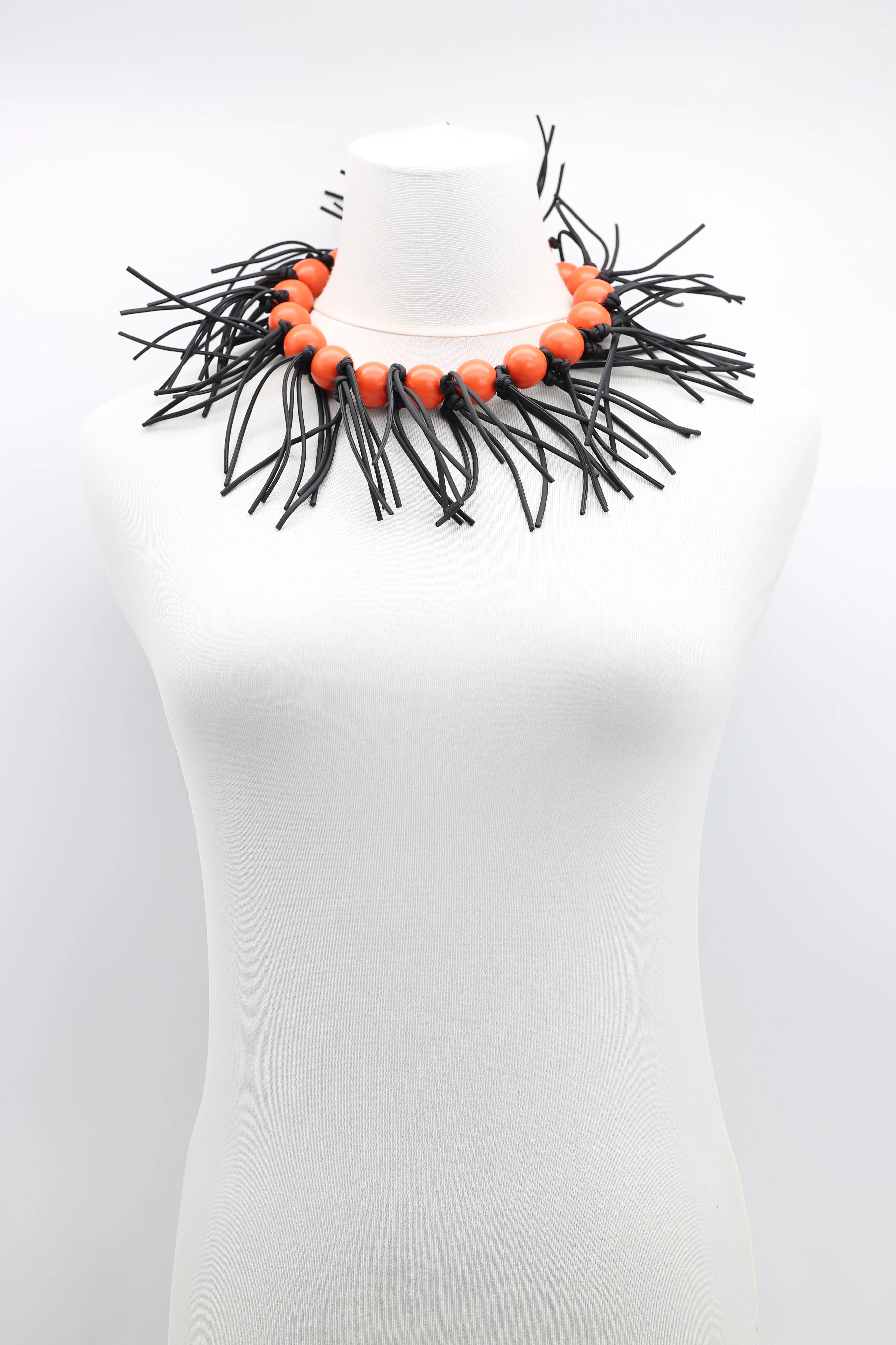 Round Beads & Leatherette Fringe Collar Necklaces