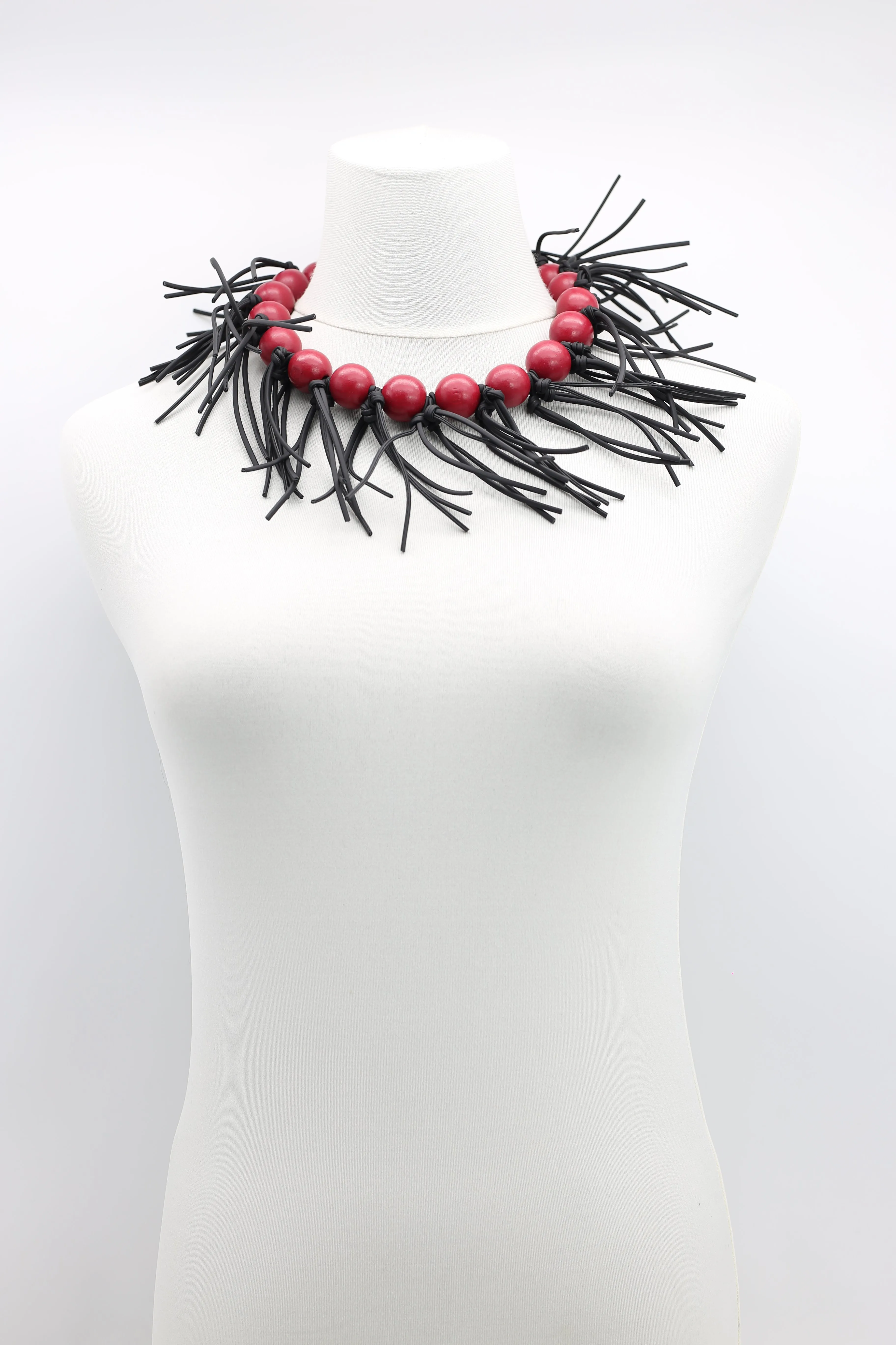 Round Beads & Leatherette Fringe Collar Necklaces