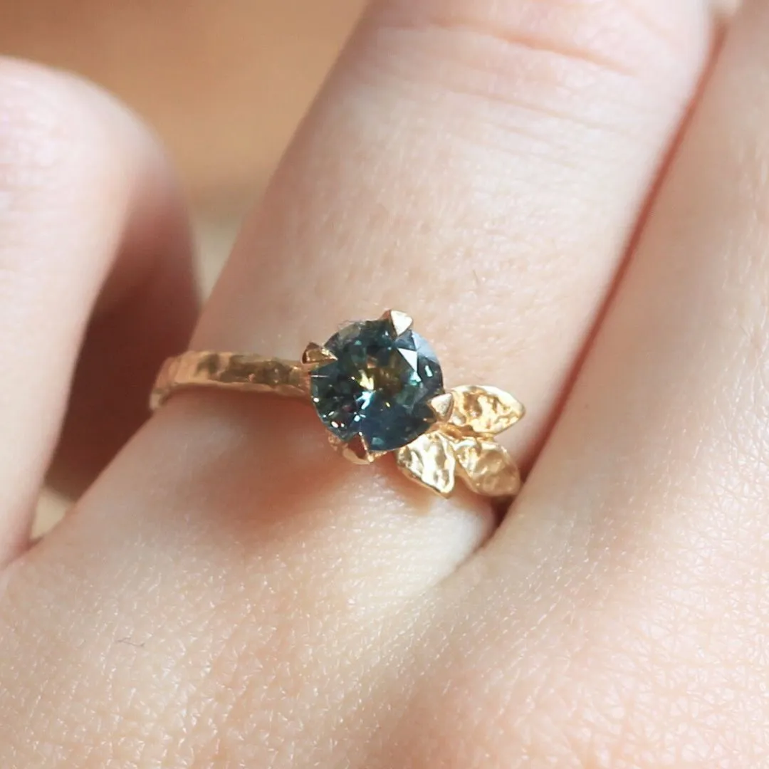 Round Green Sapphire Solitaire Leaf-y Engagement Ring