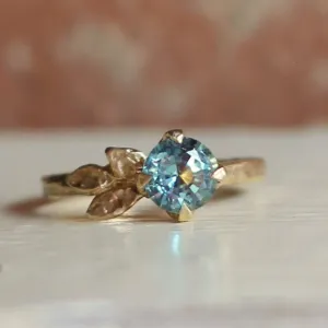 Round Green Sapphire Solitaire Leaf-y Engagement Ring