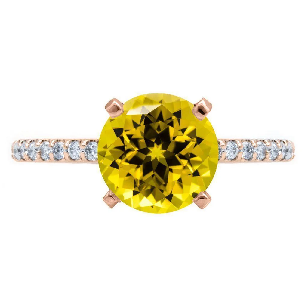 Round Yellow Sapphire 4 Prongs Diamond Accent Ice Solitaire Ring