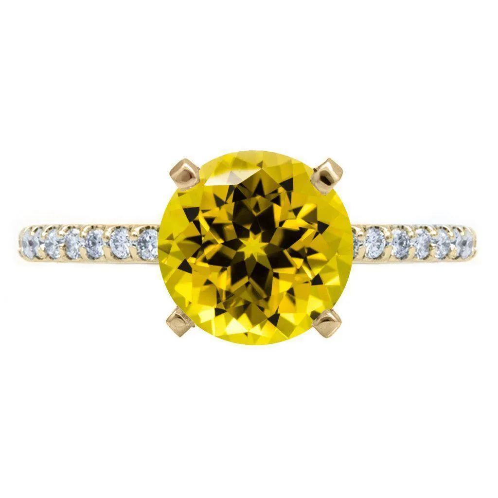 Round Yellow Sapphire 4 Prongs Diamond Accent Ice Solitaire Ring