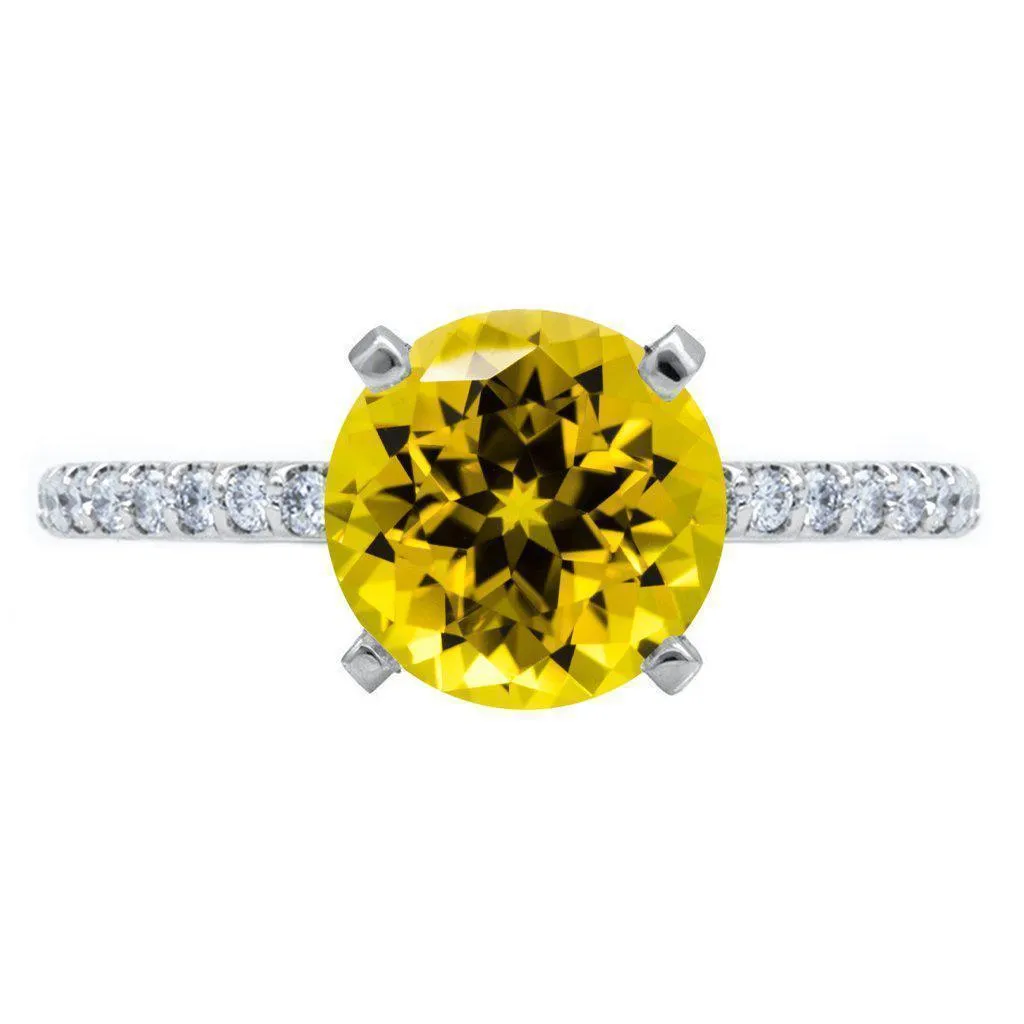 Round Yellow Sapphire 4 Prongs Diamond Accent Ice Solitaire Ring