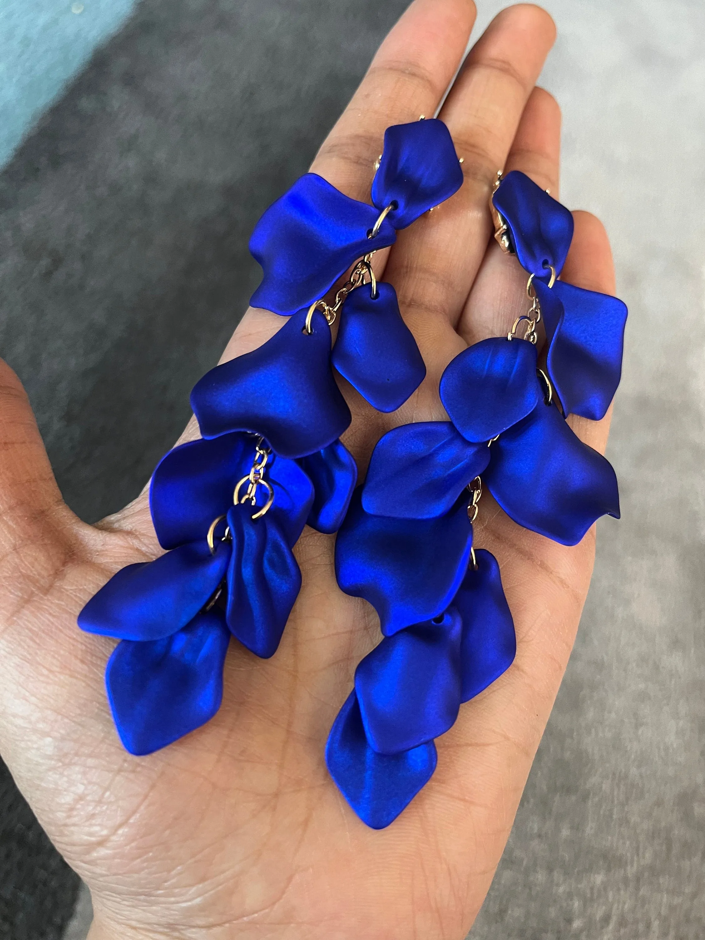 Royal blue earrings , blue petal earrings , blue flower earrings , long blue earrings , blue wedding earrings , large blue earrings