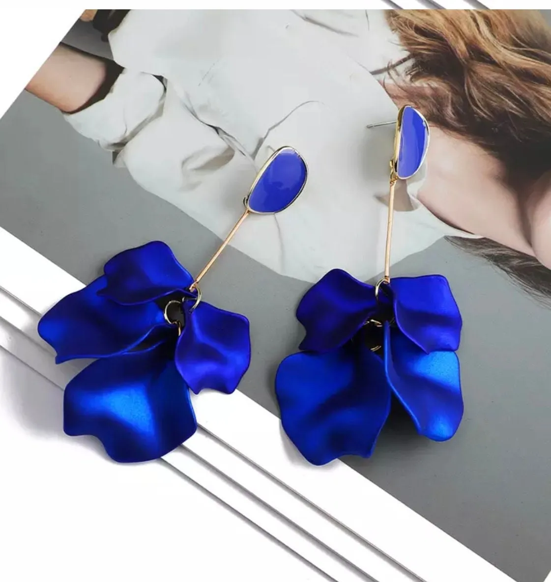 Royal blue earrings , blue petal earrings , blue flower earrings , long blue earrings , blue wedding earrings , large blue earrings