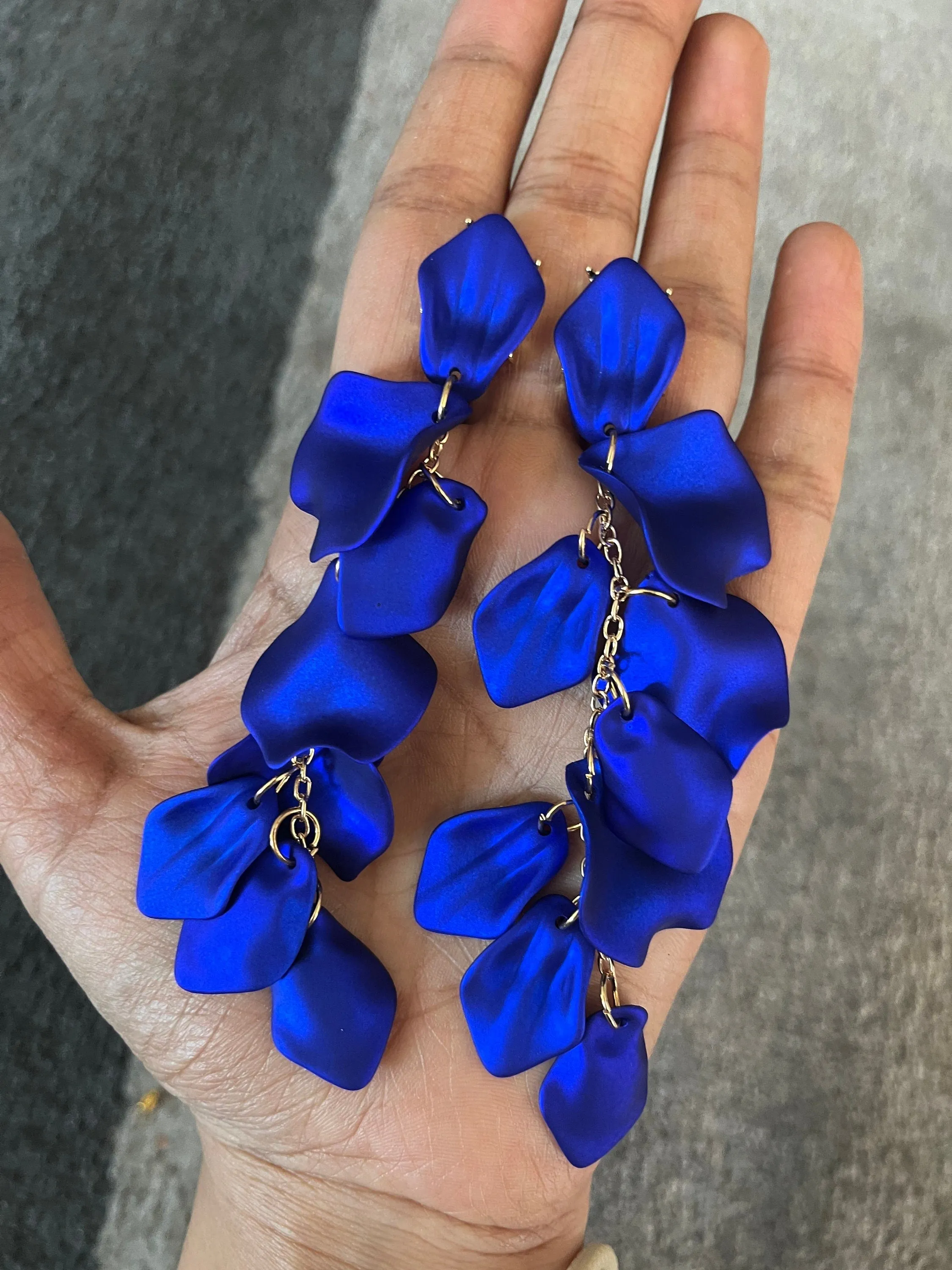 Royal blue earrings , blue petal earrings , blue flower earrings , long blue earrings , blue wedding earrings , large blue earrings