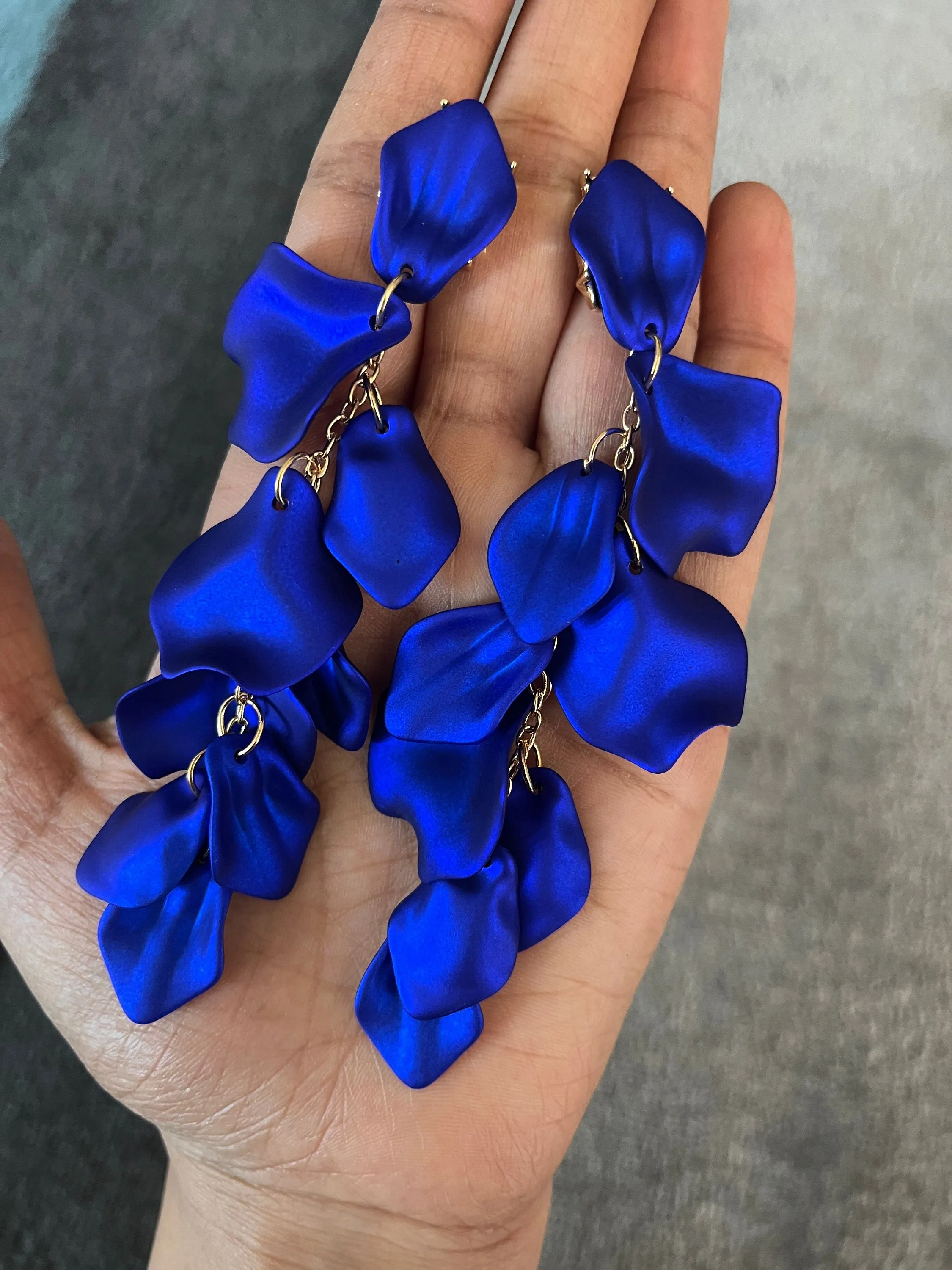 Royal blue earrings , blue petal earrings , blue flower earrings , long blue earrings , blue wedding earrings , large blue earrings