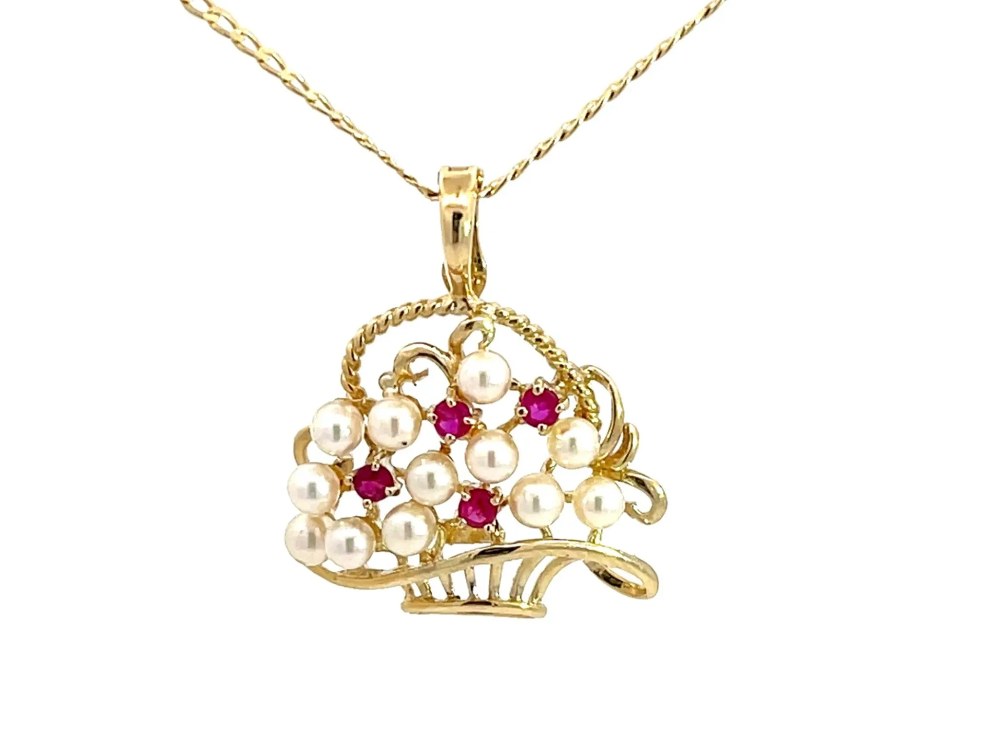 Ruby and Pearl Basket Pendant with Chain in 14k Yellow Gold