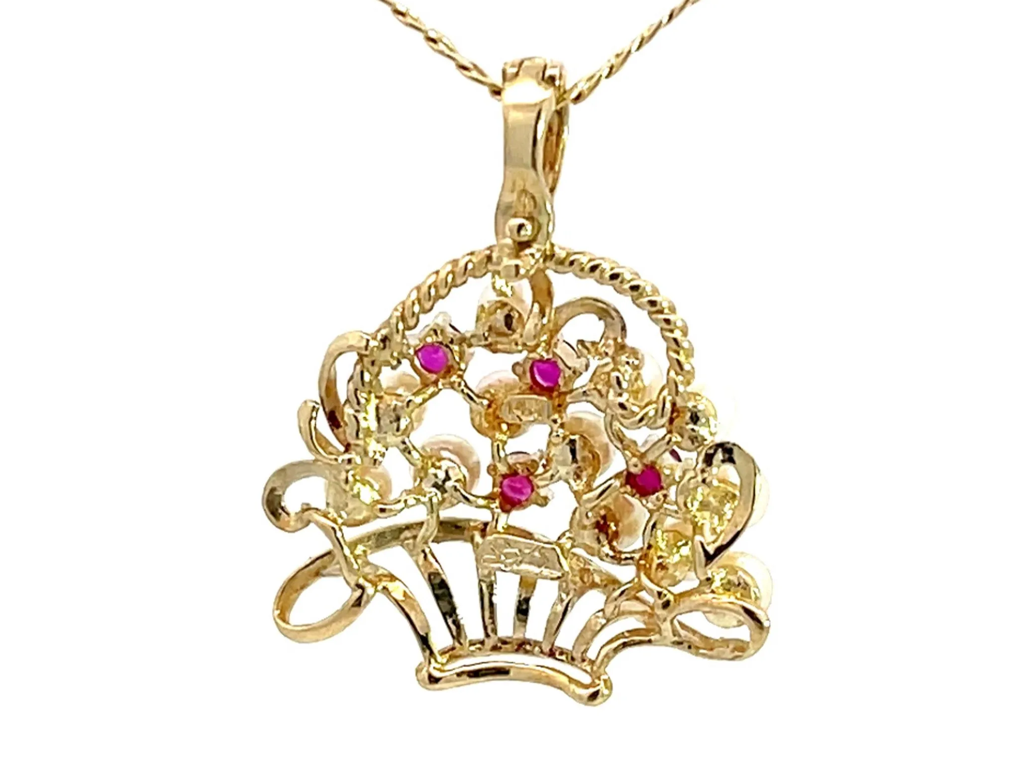Ruby and Pearl Basket Pendant with Chain in 14k Yellow Gold