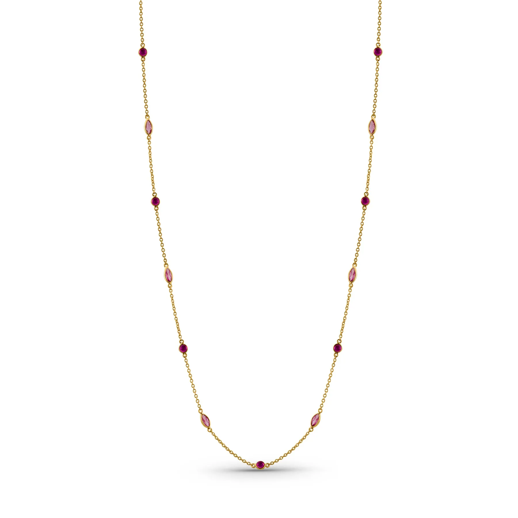 Ruby Round & Pink Sapphire Marquise Necklace  In 18K Yellow Gold