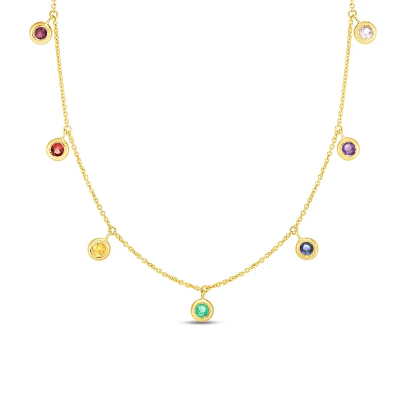 Sabel Collection 14K Yellow Gold Round Rainbow Sapphire, Ruby, and Emerald Dangle Necklace