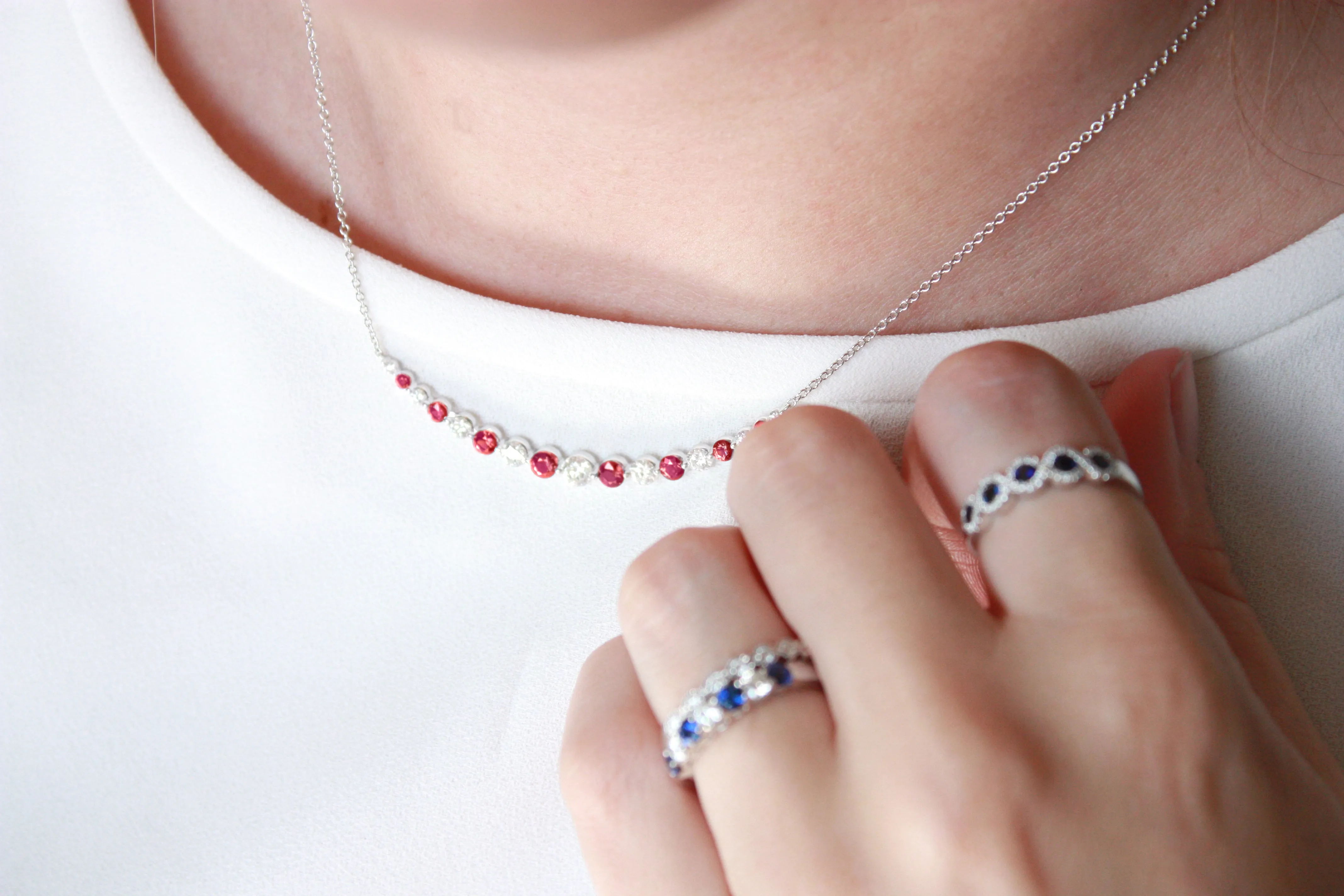 Sabel Collection 18K White Gold Round Diamond and Round Ruby Curved Bar Necklace