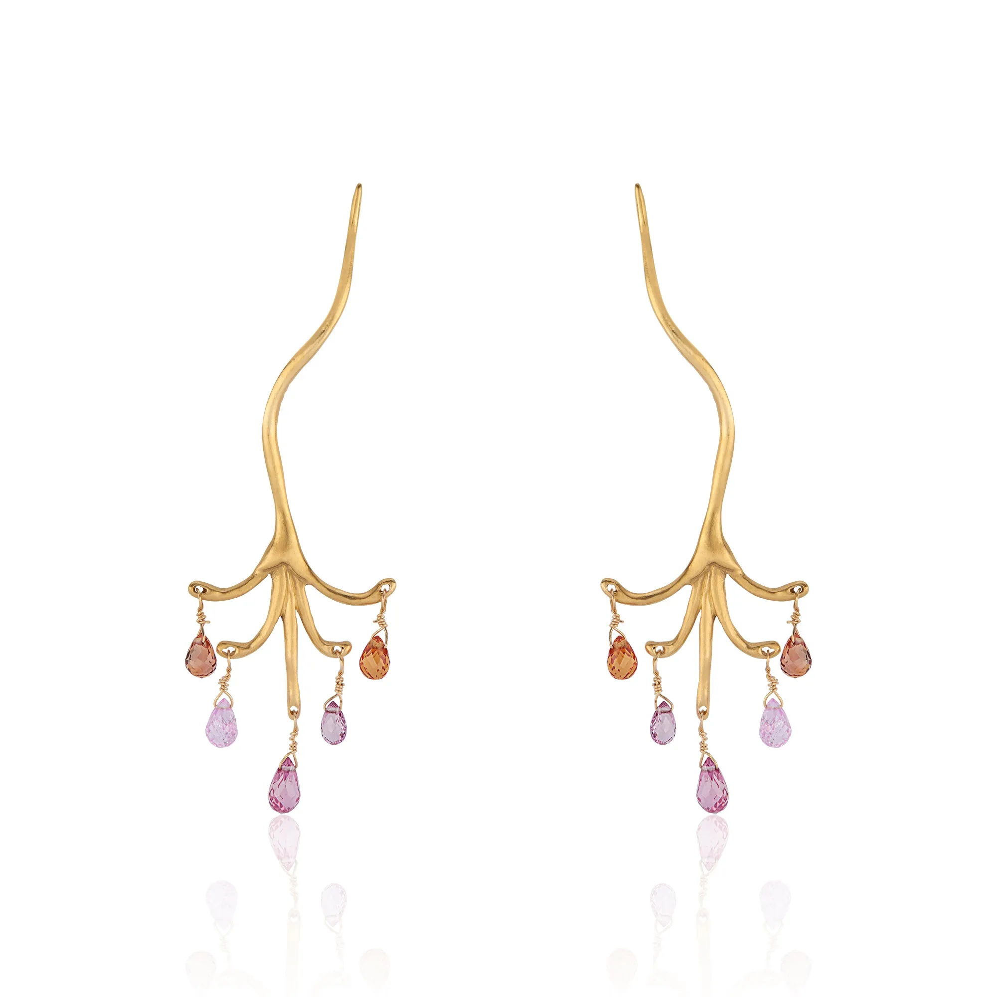 Sapphire Briolette Chandelier Branch Earrings 22k Yellow Gold
