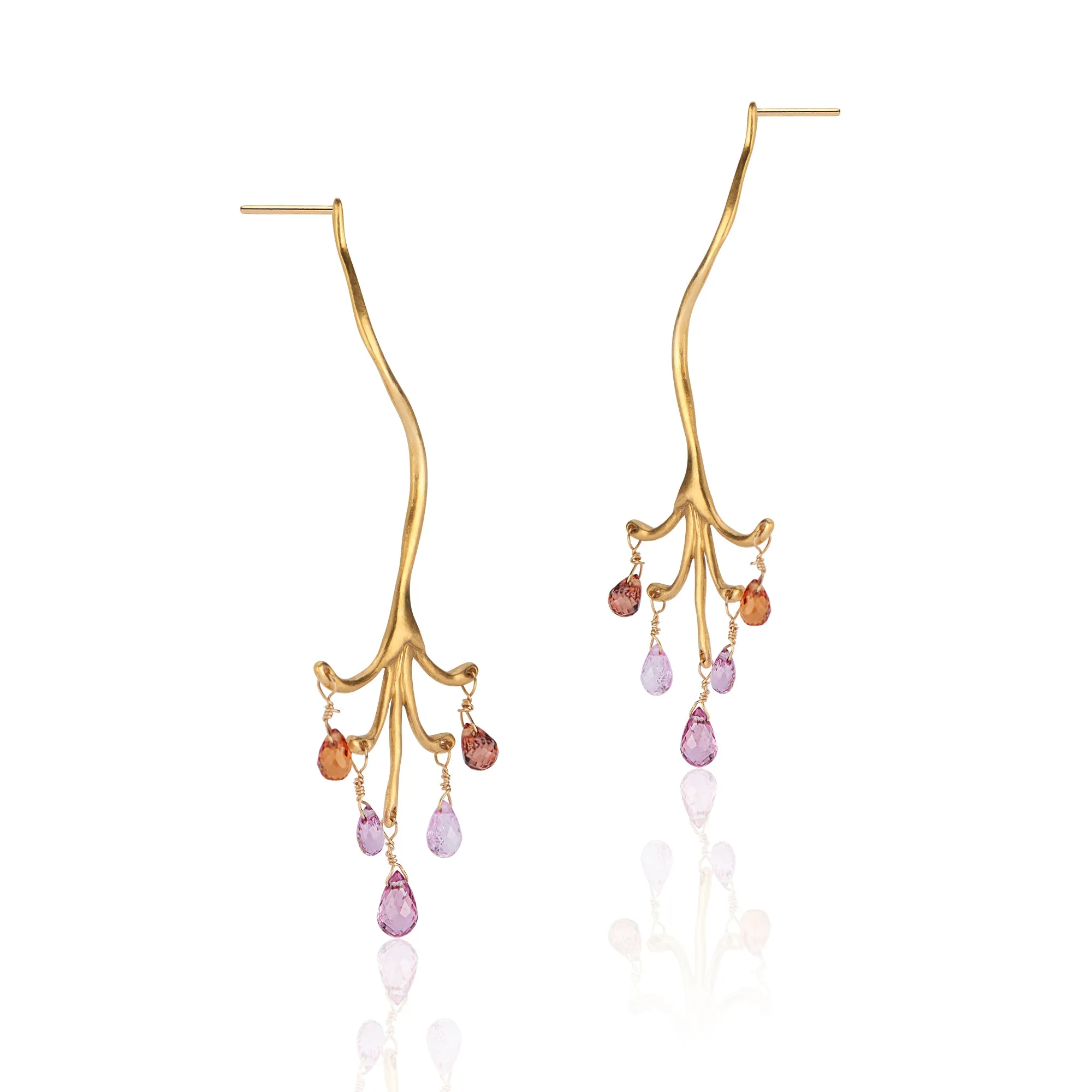 Sapphire Briolette Chandelier Branch Earrings 22k Yellow Gold