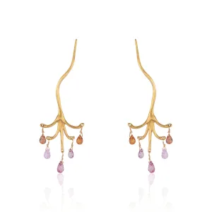 Sapphire Briolette Chandelier Branch Earrings 22k Yellow Gold