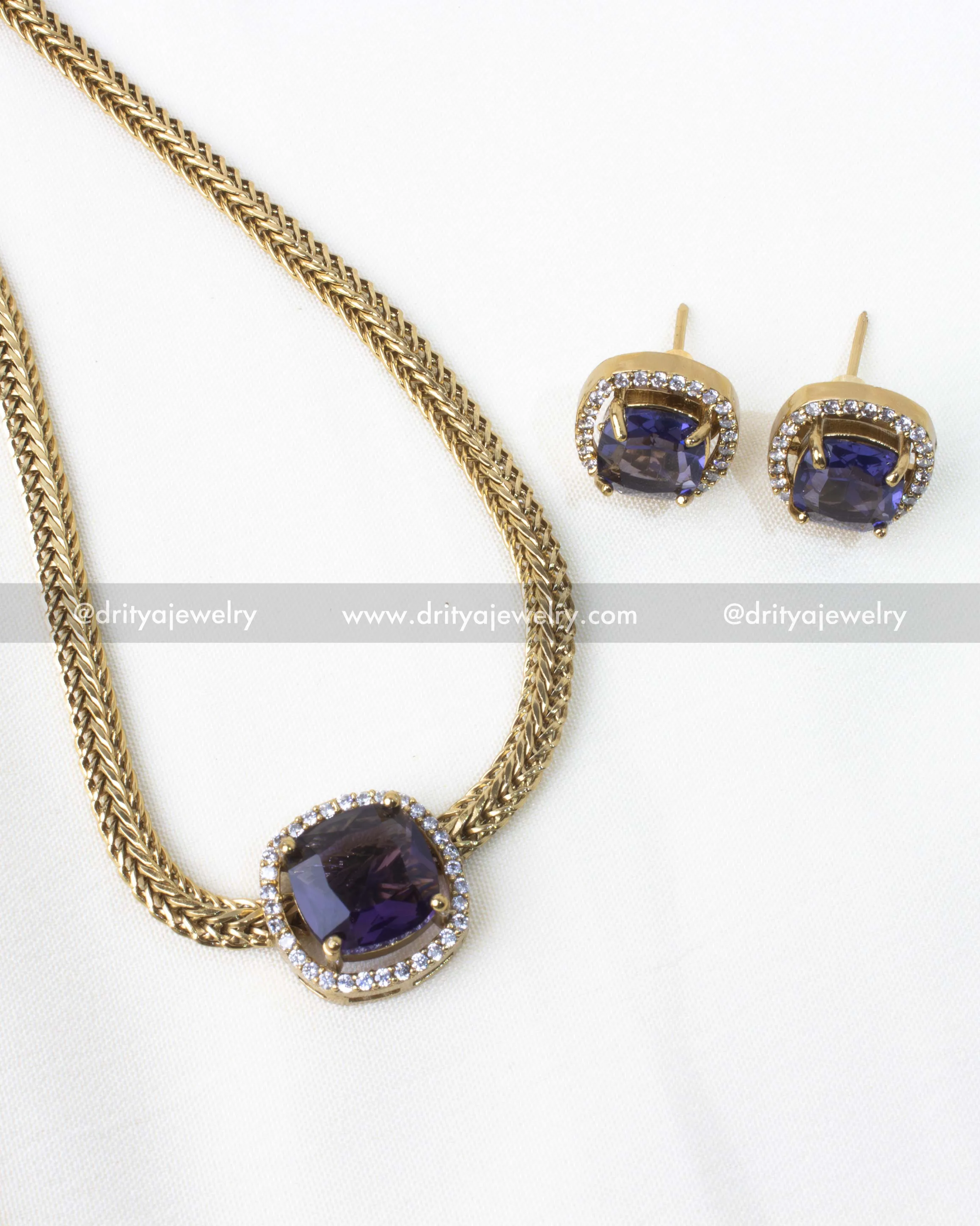 Short Necklace with Amethyst Purple Stone and Matching Studs