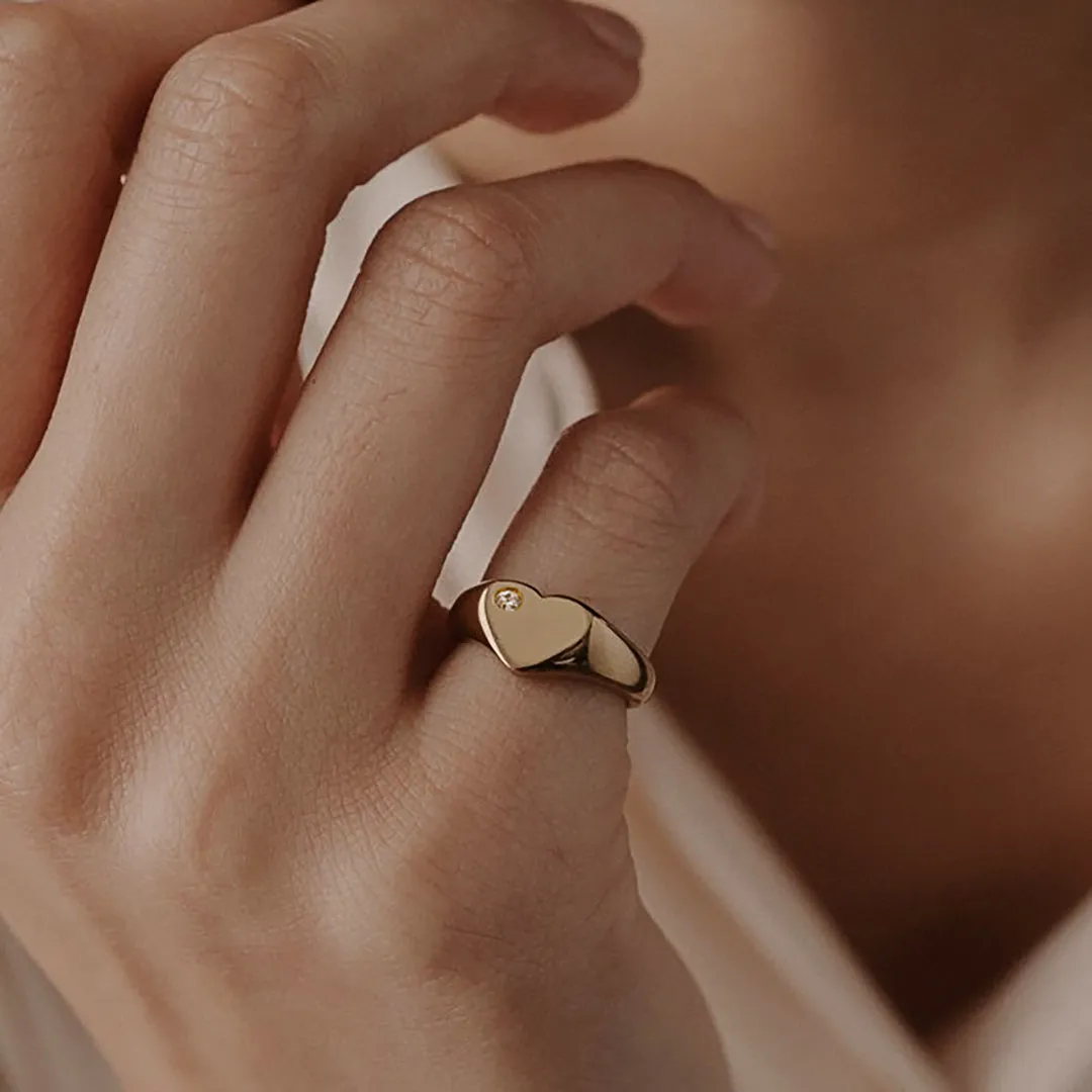 Single Diamond Heart Signet Ring