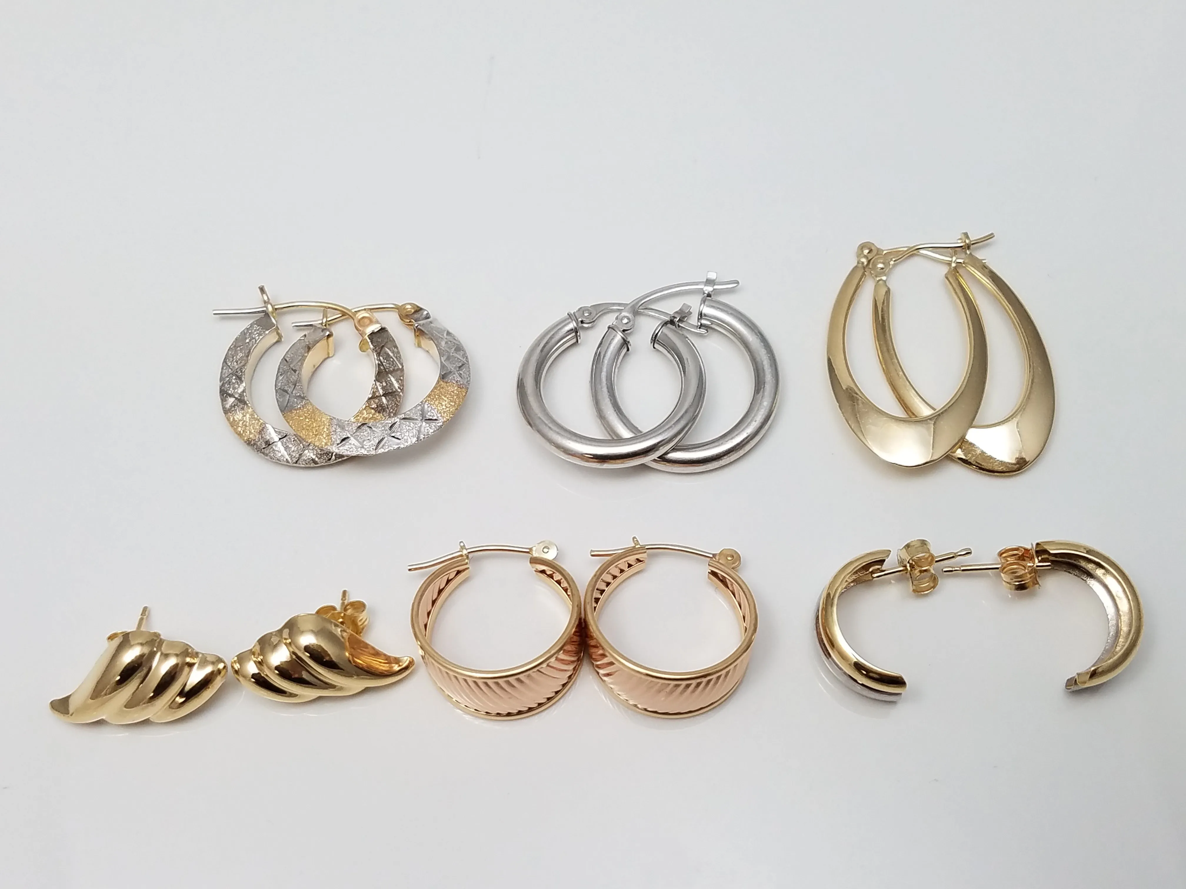 Six Splendid 14k Yellow &amp; White Gold Hollow Hoop Earring Lot