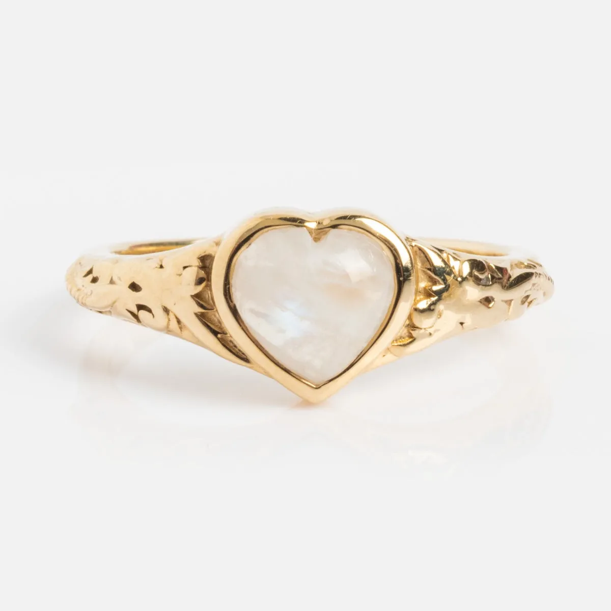Solid Gold Rainbow Moonstone Heart Filigree Signet Ring