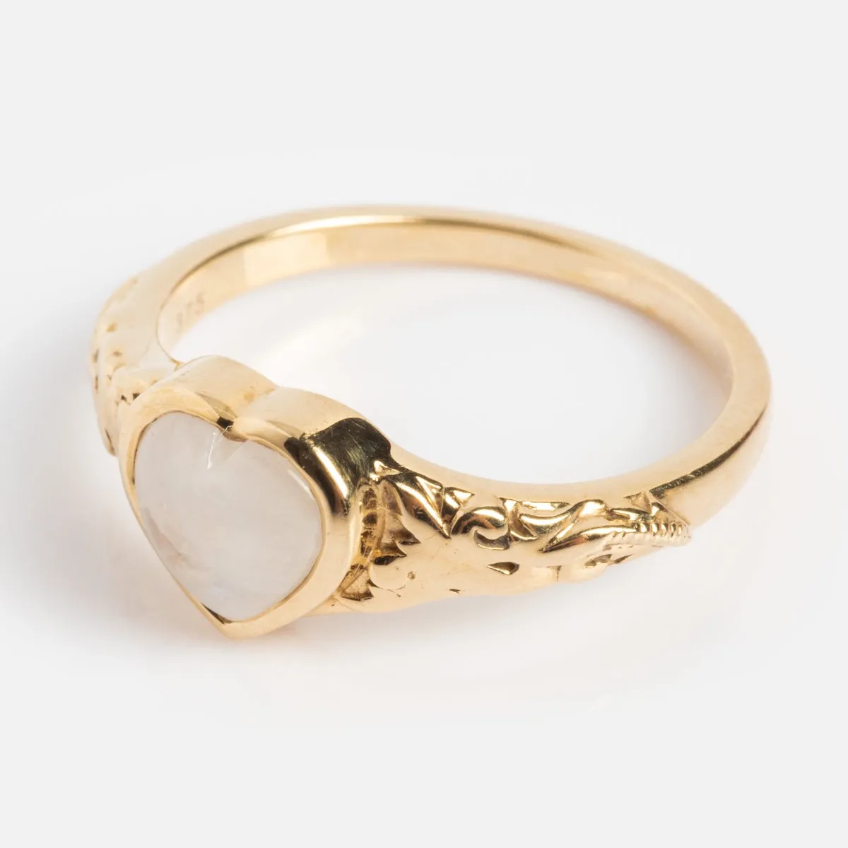 Solid Gold Rainbow Moonstone Heart Filigree Signet Ring