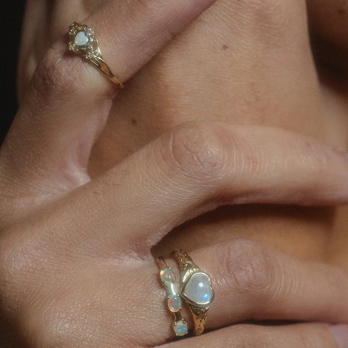 Solid Gold Rainbow Moonstone Heart Filigree Signet Ring