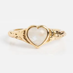 Solid Gold Rainbow Moonstone Heart Filigree Signet Ring
