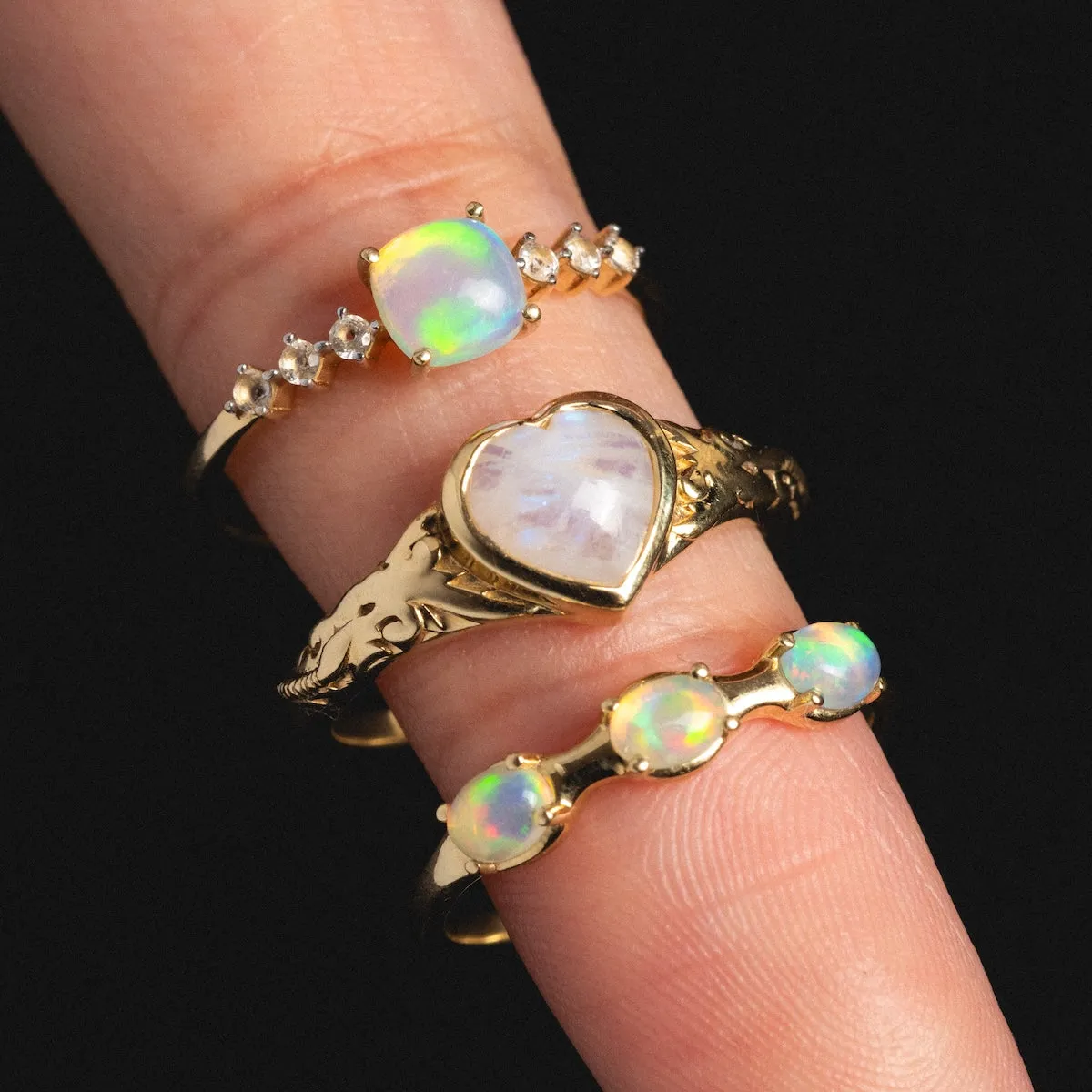 Solid Gold Rainbow Moonstone Heart Filigree Signet Ring