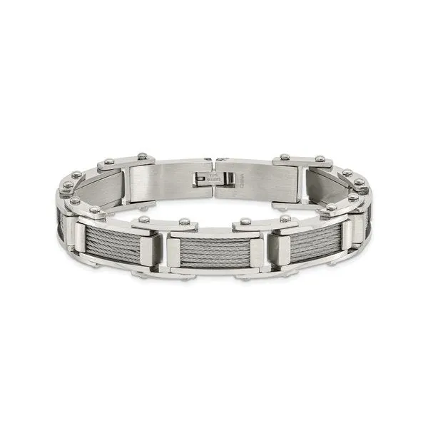 Stainless Steel and Cable Inlay Link Bracelet