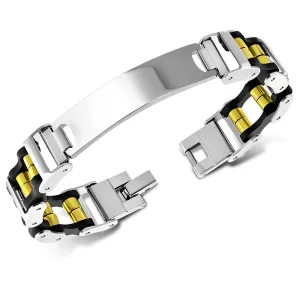 Stainless Steel Silver-Tone Black Yellow Gold-Tone ID Name Tag Men's Link Bracelet, 8"