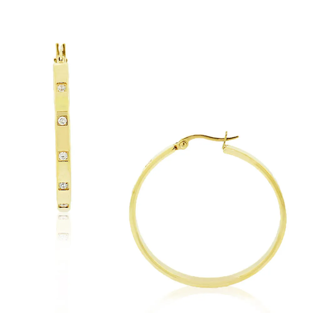 Stainless Steel Yellow Gold-Tone White CZ Round Hoop Earrings